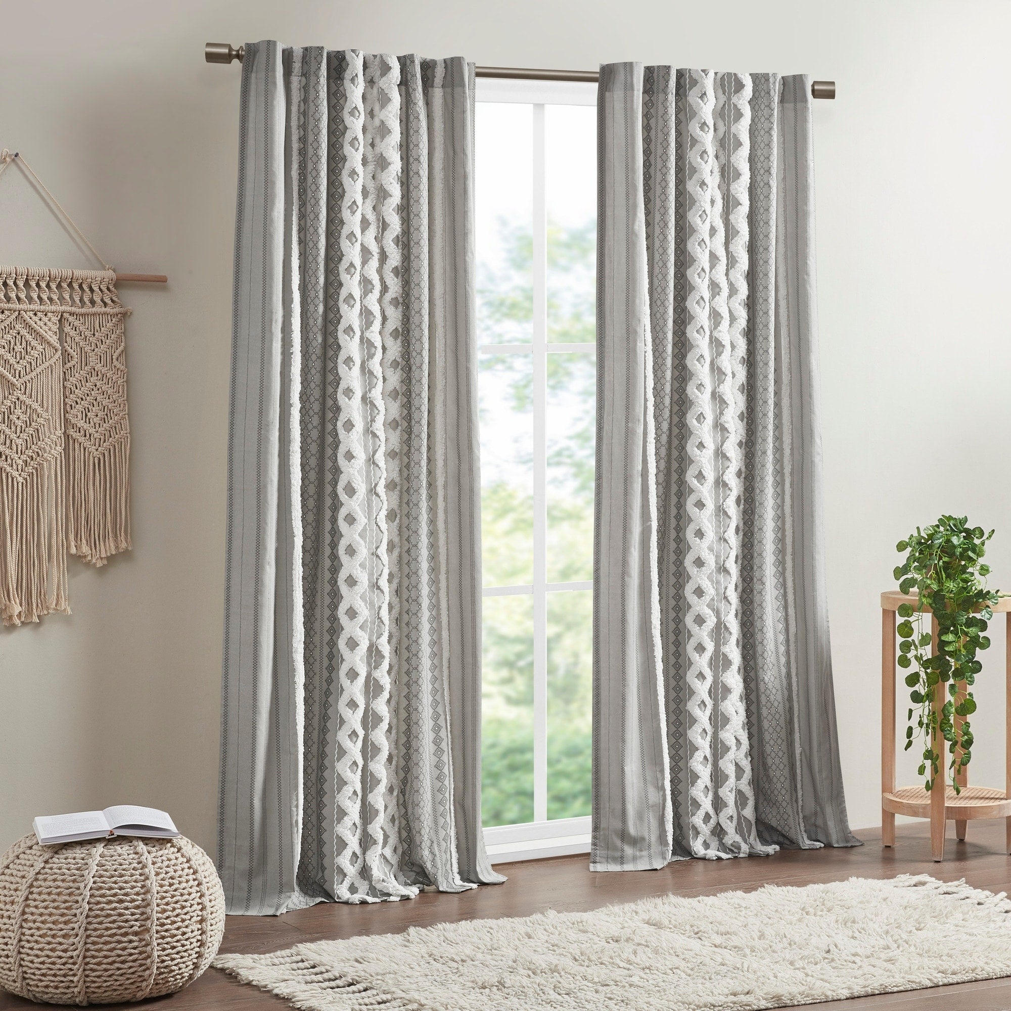 INK+IVY Imani Cotton Printed Curtain Panel with Chenille Stripe and Lining