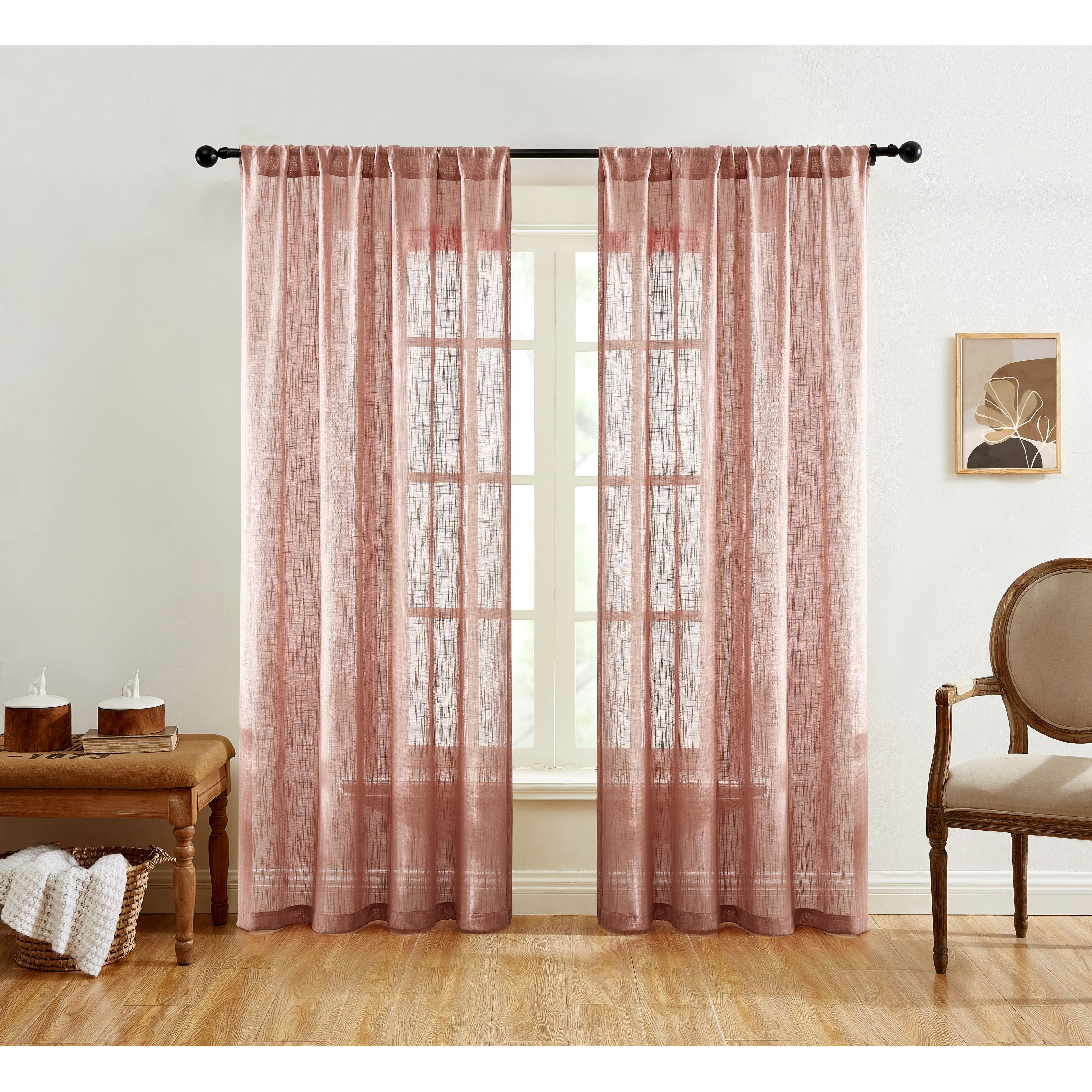 HLC.me Linda Faux Linen Textured Semi Sheer Privacy Sun Light Filtering Window Rod Pocket Curtains Panels, 2 Panel