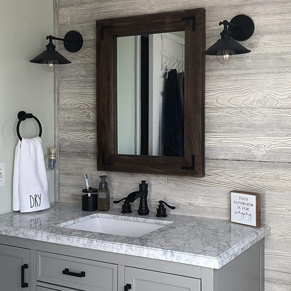 Rustic Wooden Framed Wall Mirror, Natural Wood Bathroom Vanity Mirror