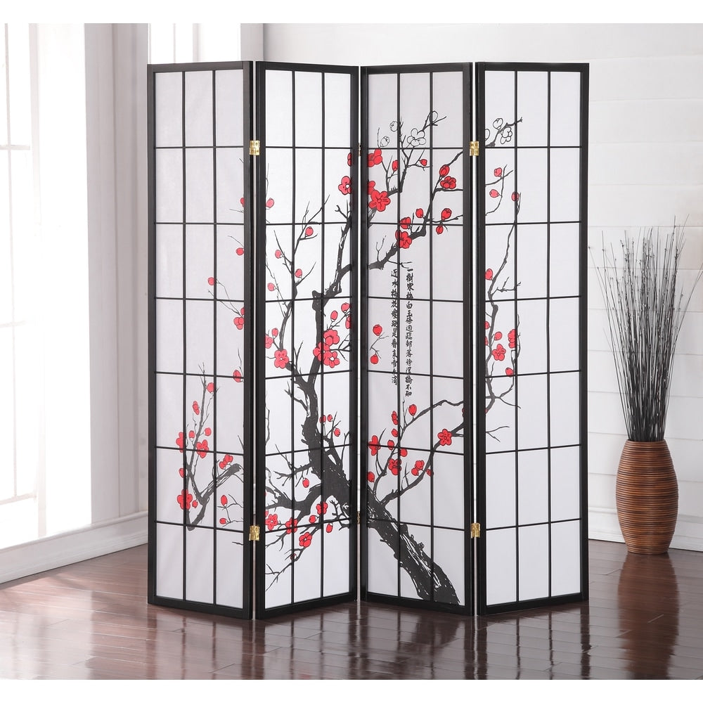 Roundhill Furniture Japanese 4-Panel Screen Room Divider, Plum Blossom