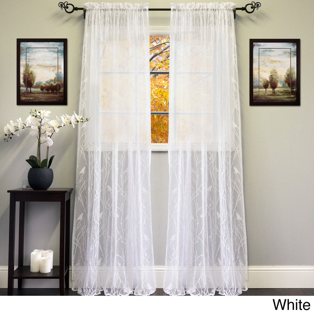 White/Ivory 56-inch x 84-inch Knit Lace Bird Motif Window Curtain Panel - 56 x 84 - 56 x 84