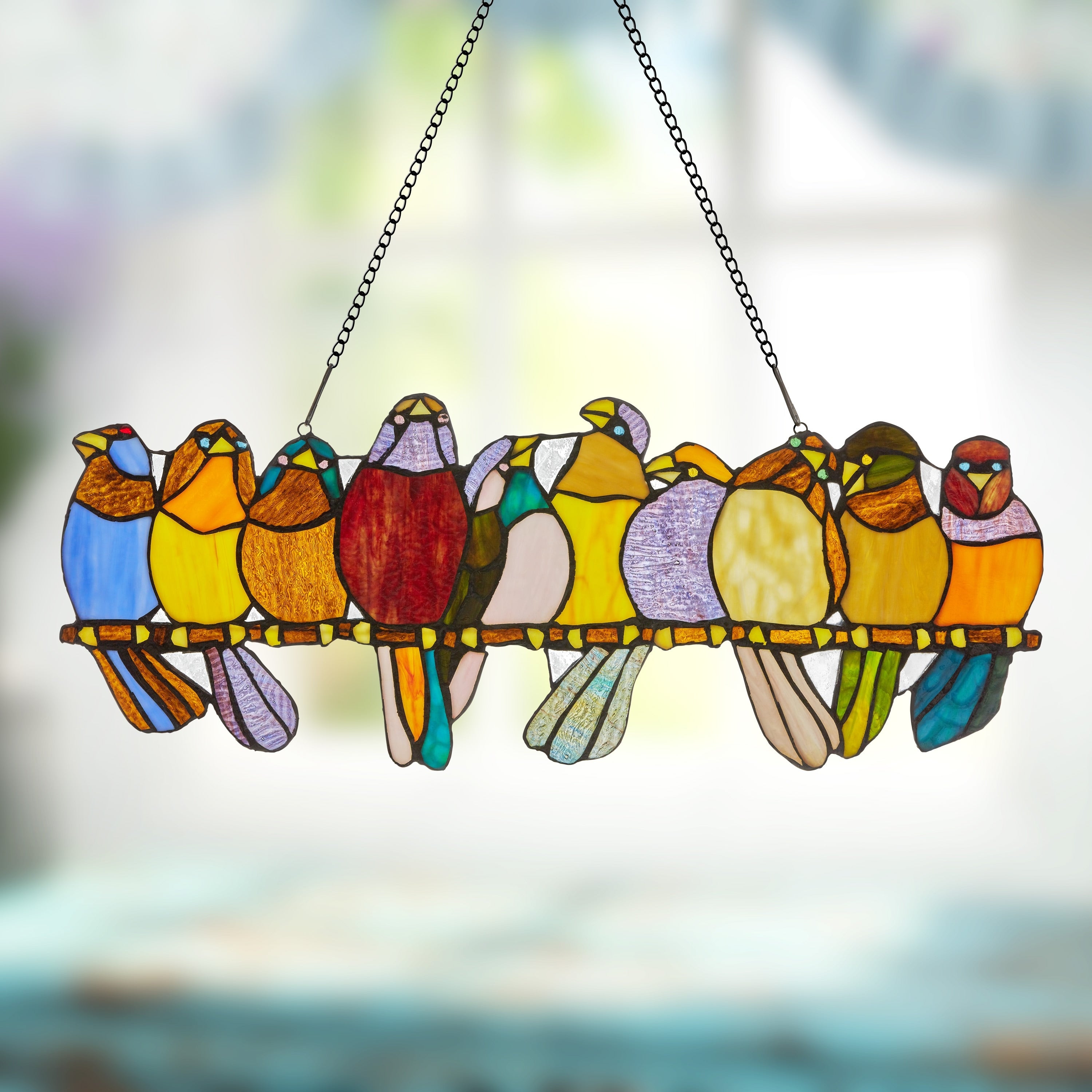 River of Goods Stained Glass 'Birds on Wire' 9.25-in. Window Panel - 24.25L x 0.25W x 9.5H