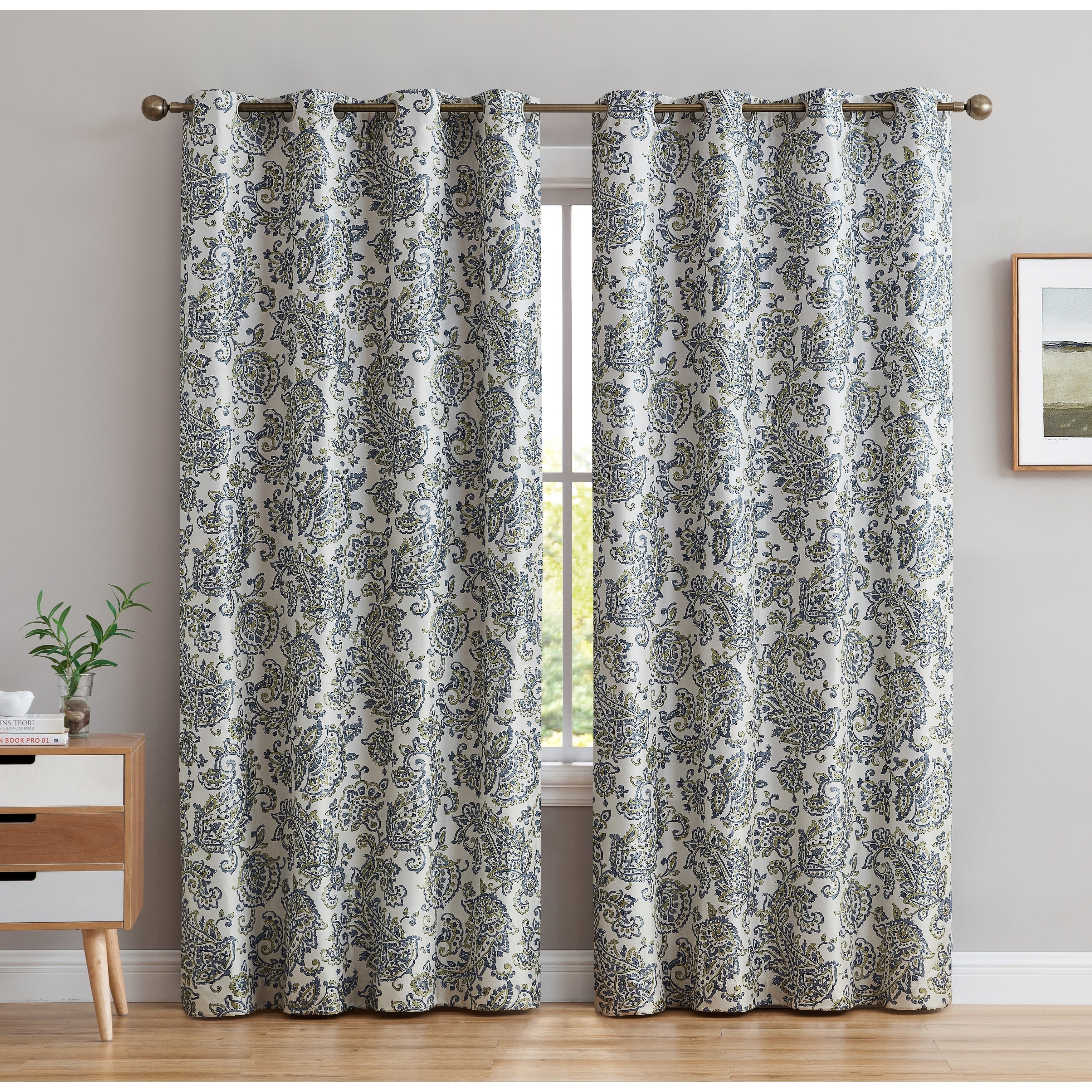 HLC.me Amalfi Paisley Faux Silk 100% Blackout Room Darkening Thermal Energy Efficient Curtain Grommet Panels, 2 Panels