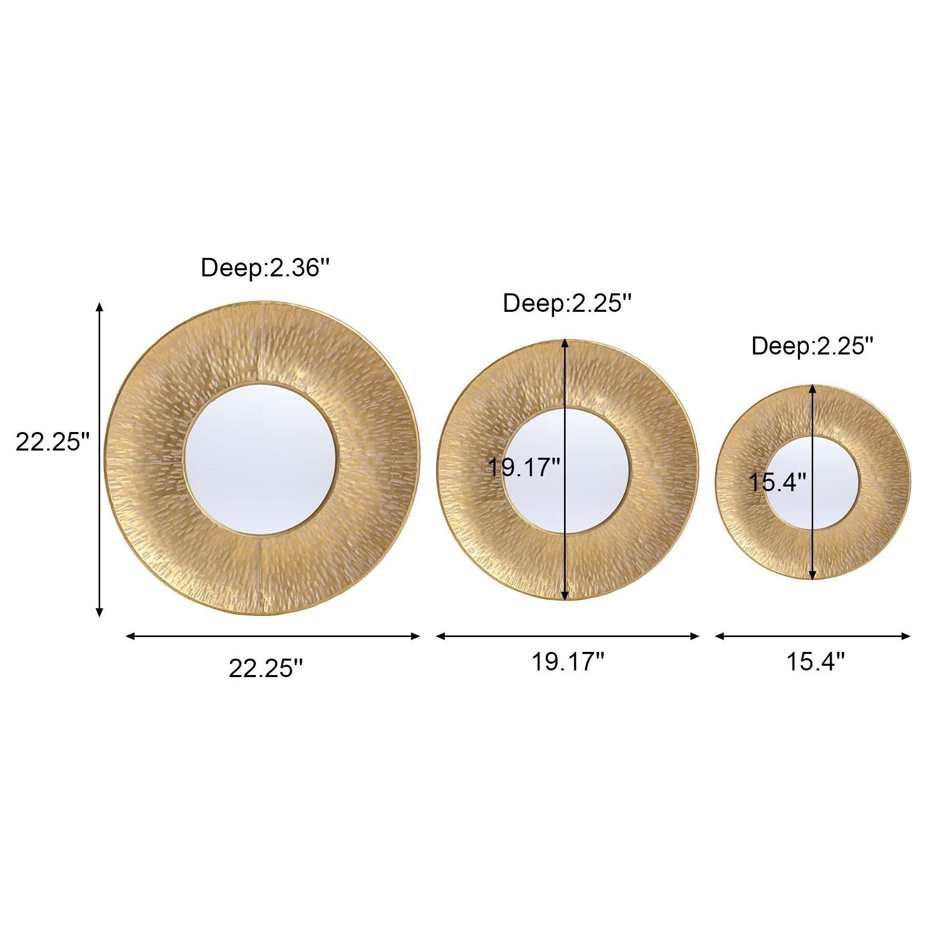 3-Piece Gold Metal Round Wall Mirror Set - 22.25 Diameter x 2.36 D