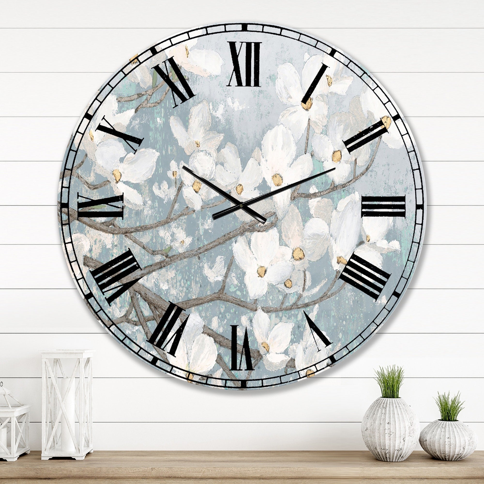 Designart 'Blue on Grey Blossoms ' Traditional Large Wall CLock