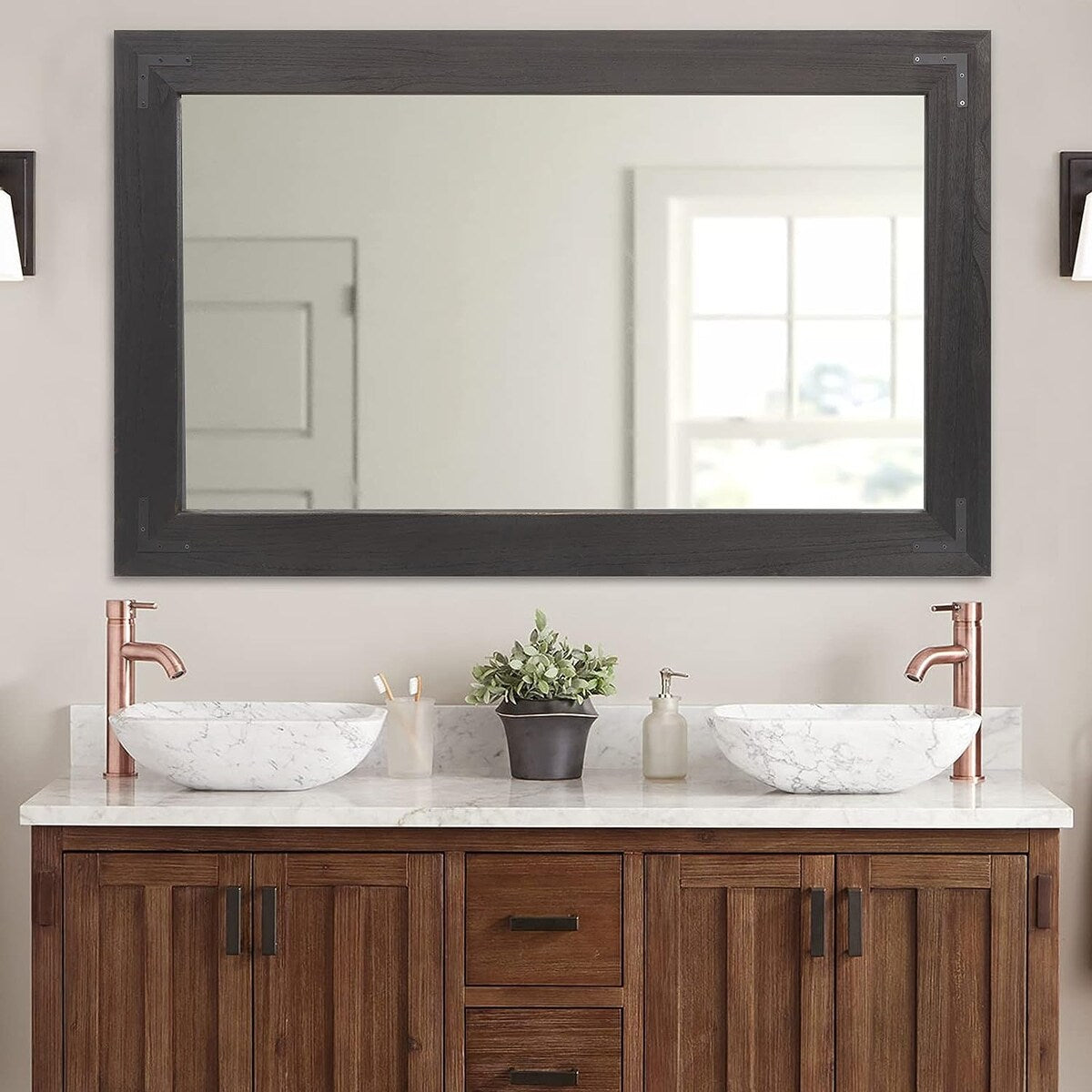 Rustic Wooden Framed Wall Mirror, Natural Wood Bathroom Vanity Mirror