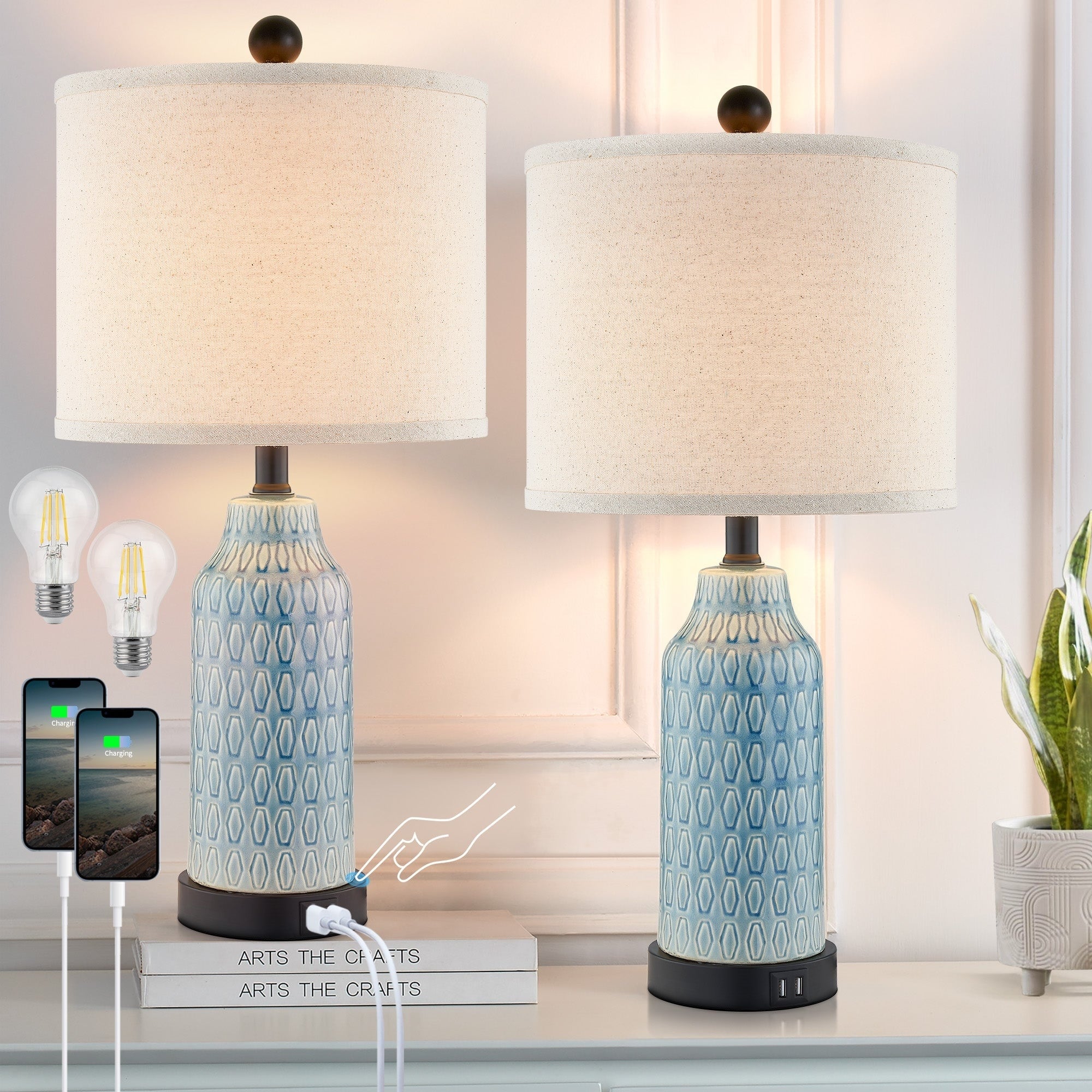 Blue Ceramic Table Lamp with 3-way Touch Dimming Switch & Dual USB Charging Ports (Set of 2) - 11'' x 11'' x 23'' (L x W x H)