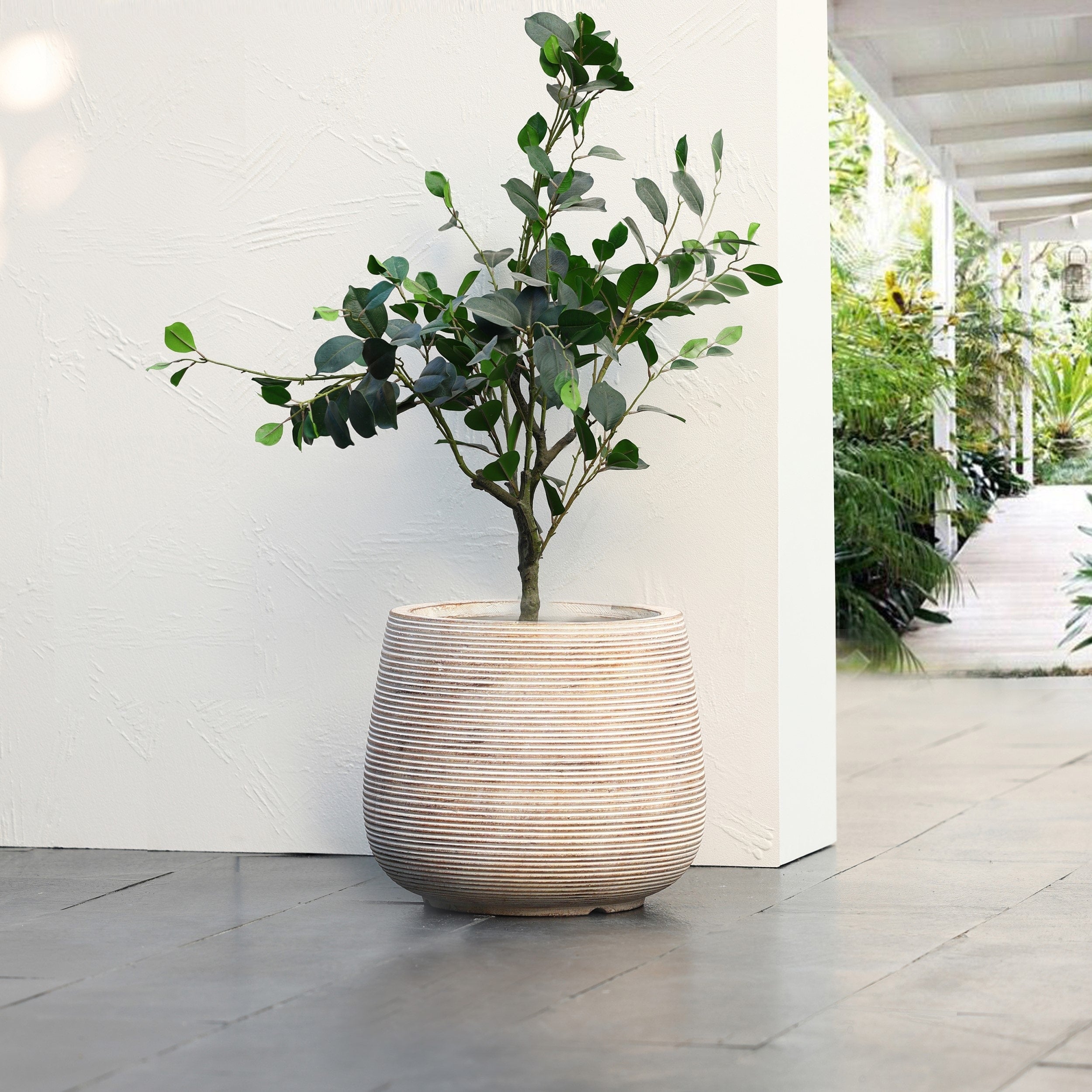 17.32 Diameter Handmade Distressed Fiber Stone Round Pot Planters - 15 H x 17.32 Diameter