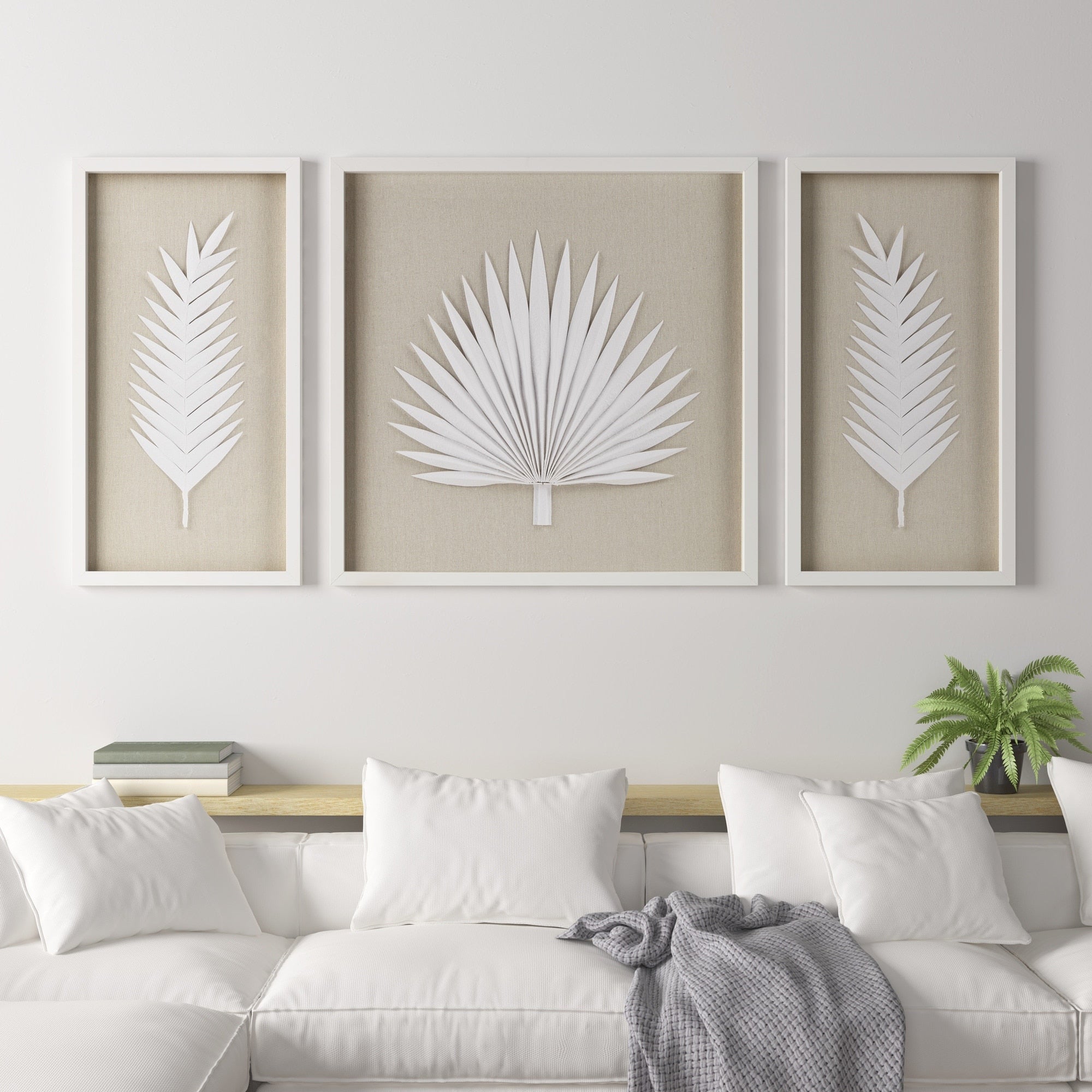 Madison Park Sabal Handmade Framed Rice Paper Palm Leaves 3-piece Shadowbox Wall Decor Set - Off White