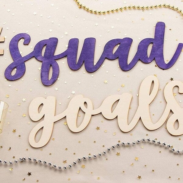 Hashtag Squad Goals Script Sign, Unfinished Wood Letters with Drawing Stencil