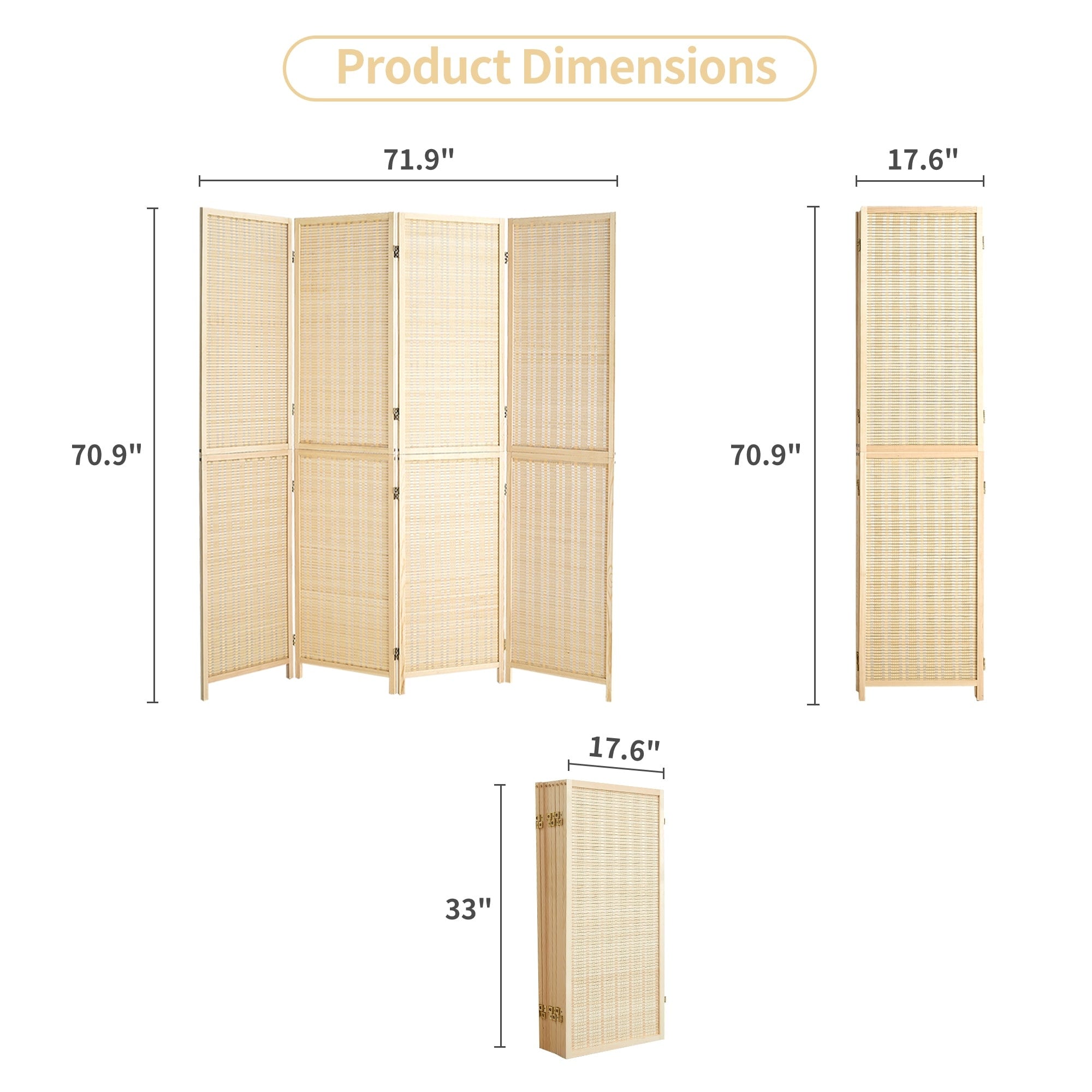 4/6 Panel Bamboo Room Divider 6 FT Detachable Wall Divider for Room Separation, Folding Privacy Screen