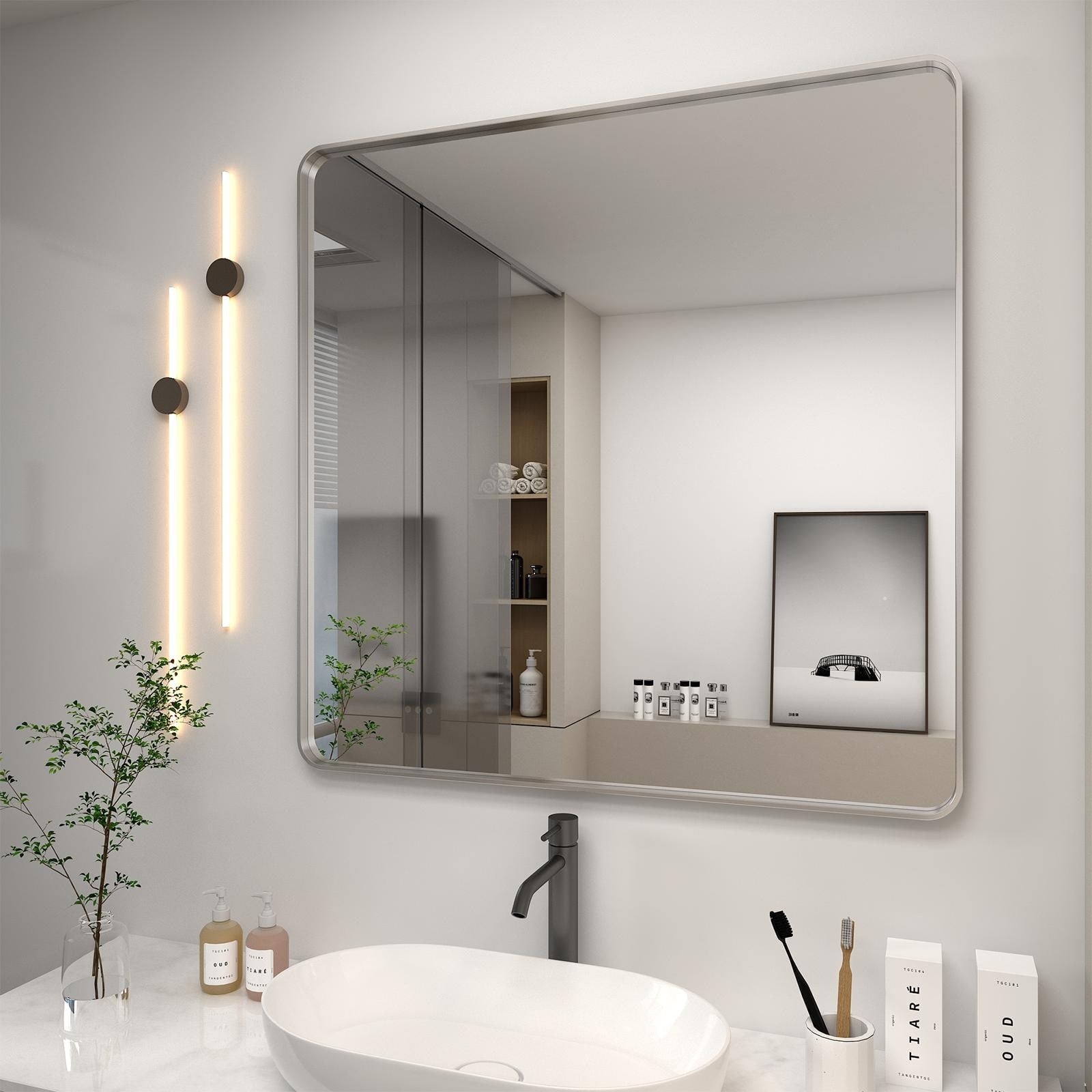 Apmir Metal Frame Tempered Glass Bathroom Vanity Mirror for Wall, Cloakroom, Bedroom