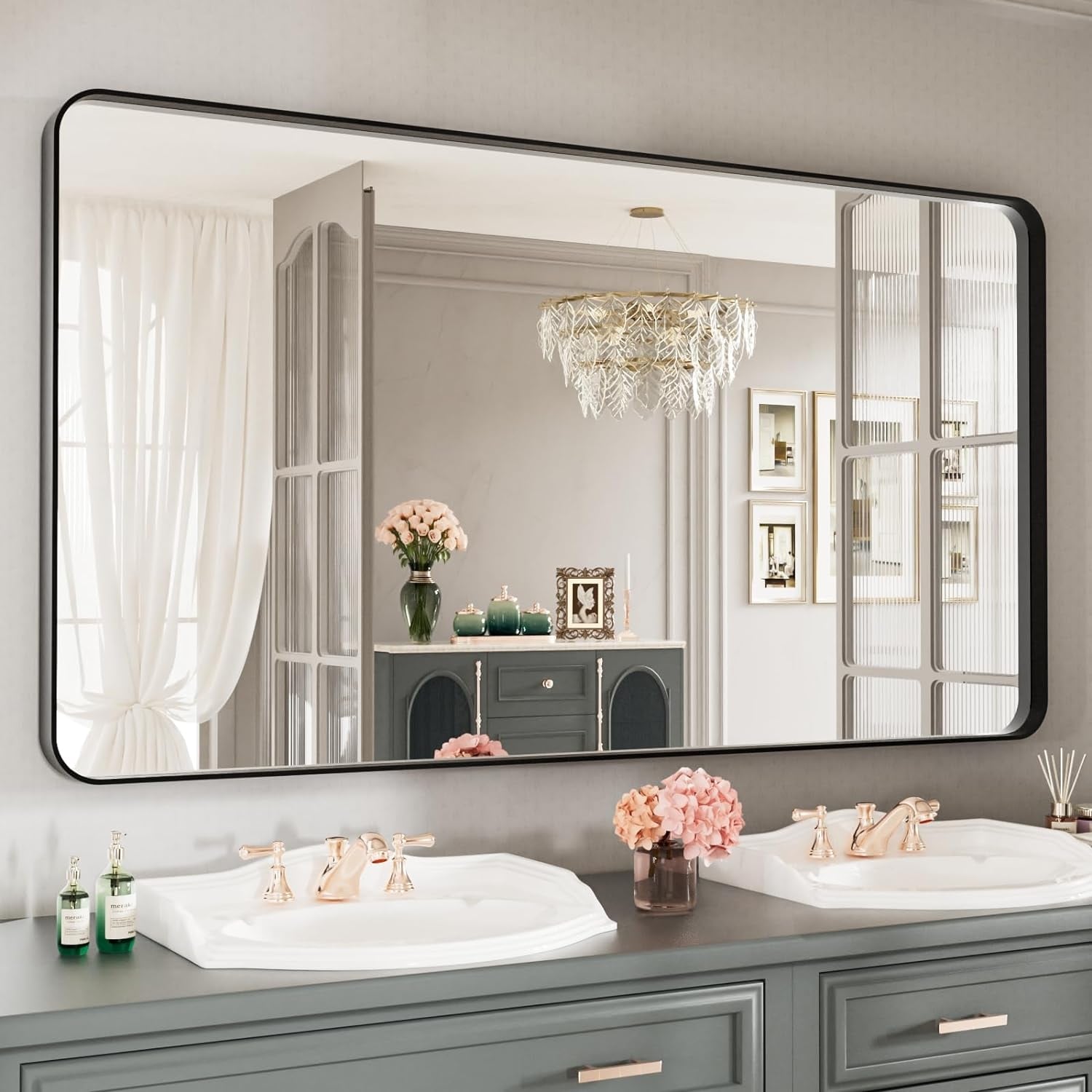 Apmir Metal Frame Tempered Glass Bathroom Vanity Mirror for Wall, Cloakroom, Bedroom