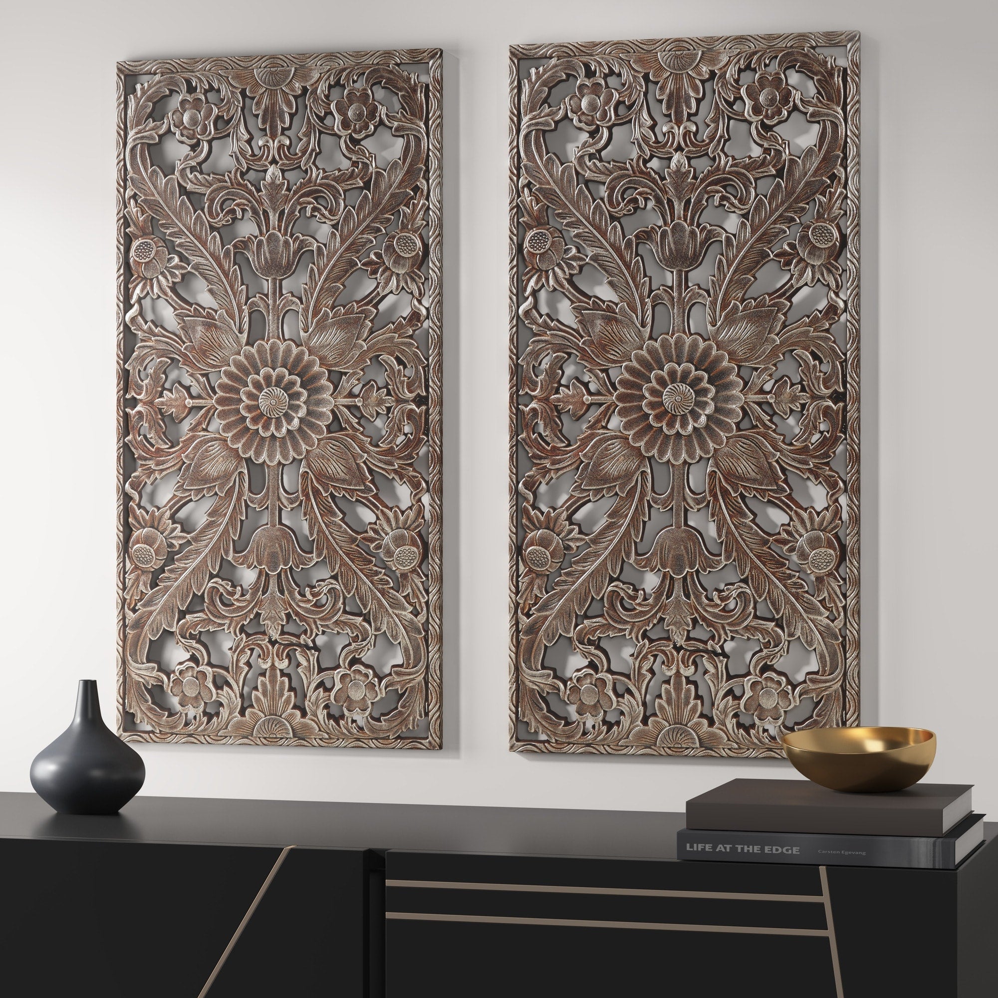 Madison Park Botanical Distressed Carved Wood Wall Décor (Set of 2)