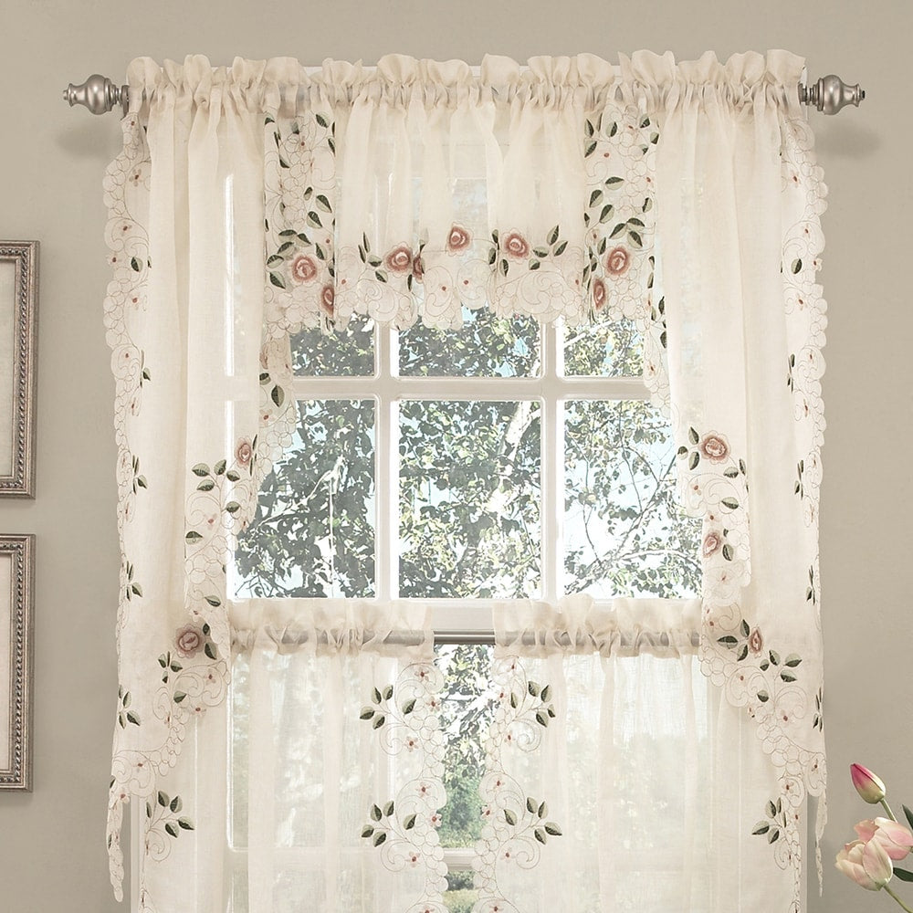 Old World Floral Embroidered Sheer Kitchen Curtain Parts- Tiers, Swags and Valances