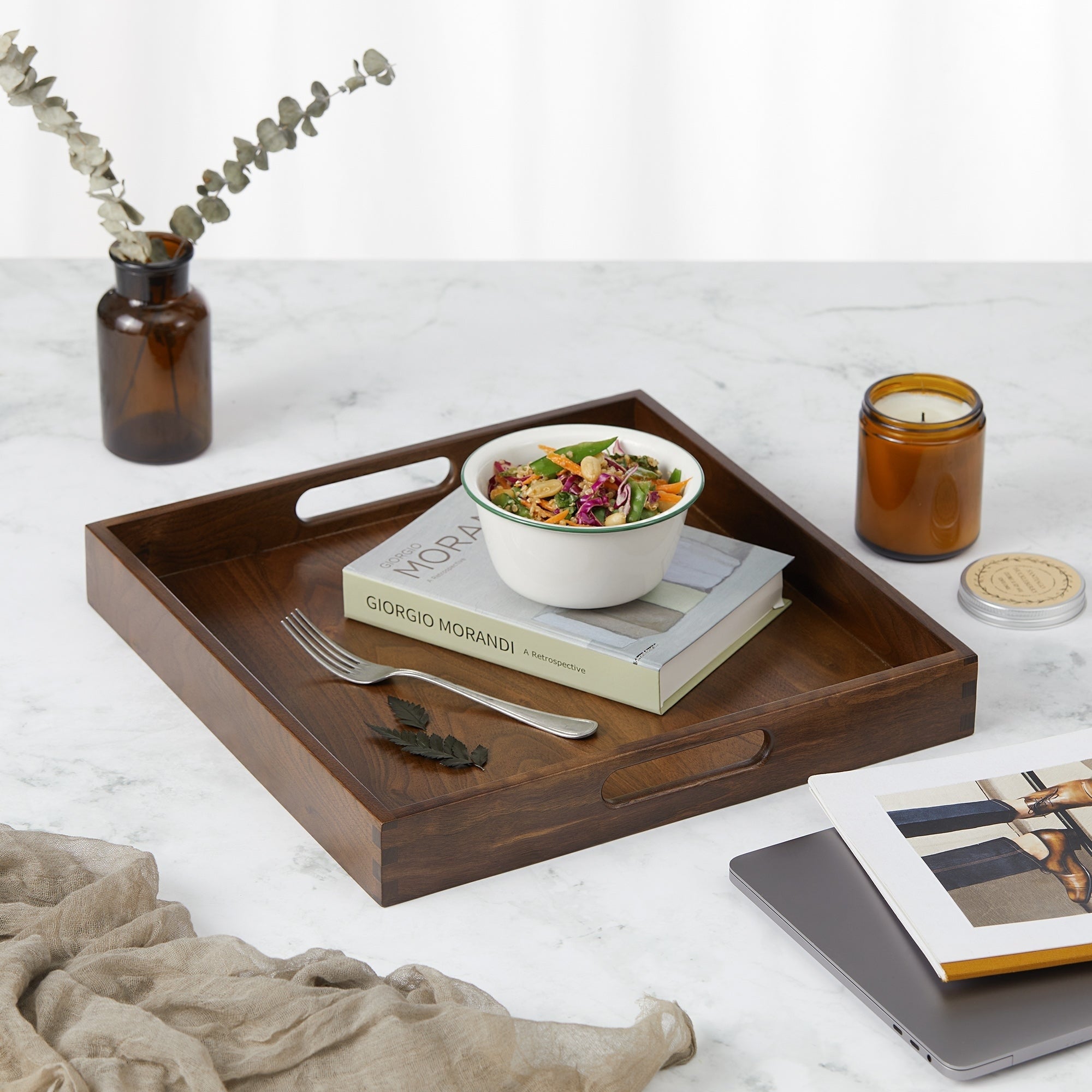 Square Black Walnut Wood Serving Tray Ottoman Tray with Handles