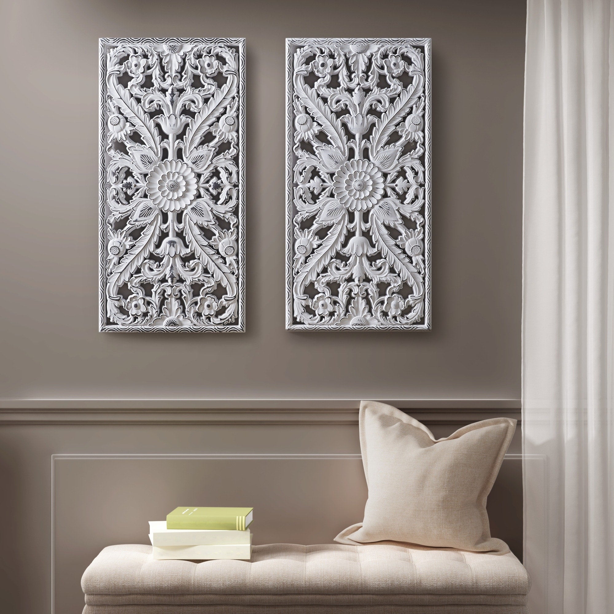 Madison Park Botanical Distressed Carved Wood Wall Décor (Set of 2)