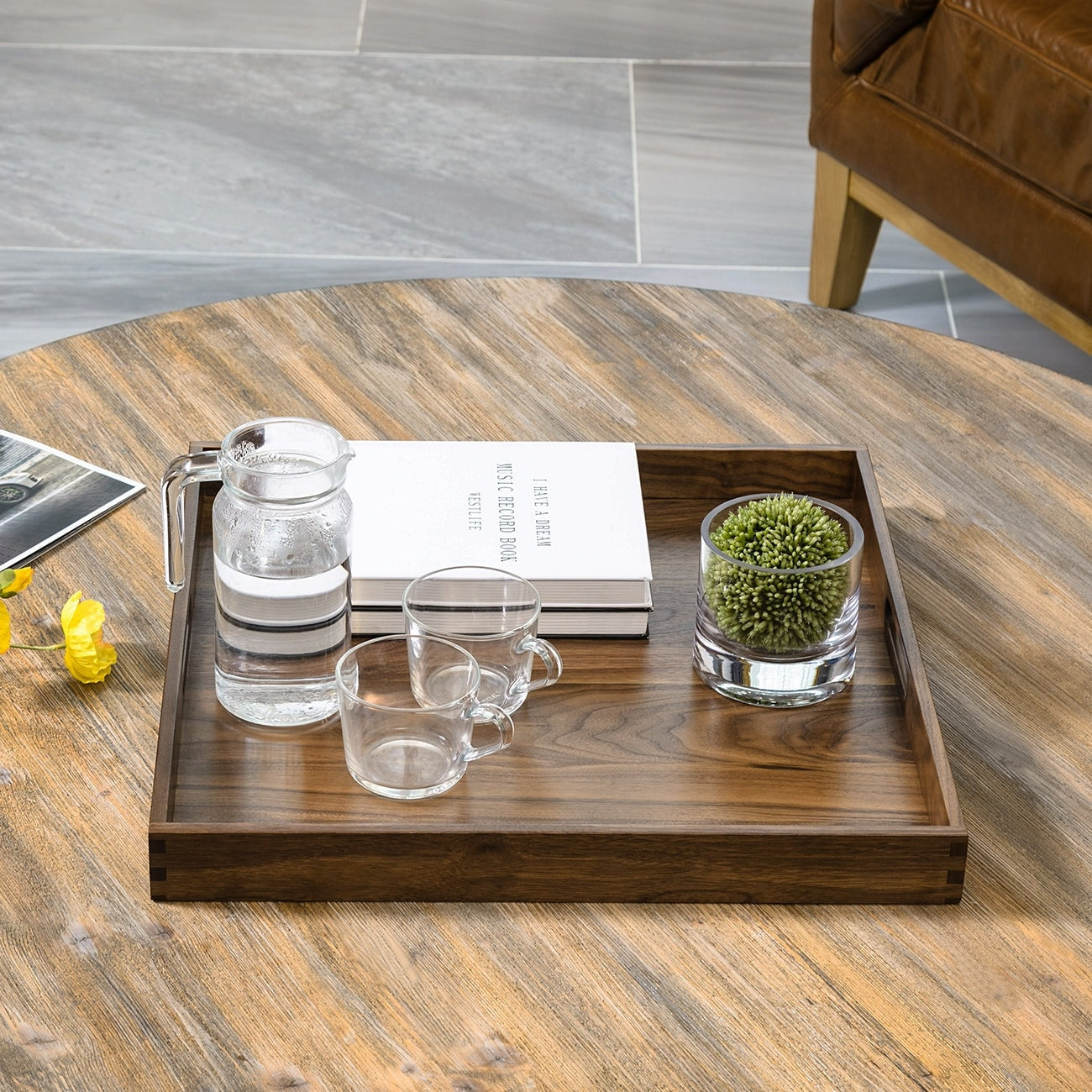 Square Black Walnut Wood Serving Tray Ottoman Tray with Handles