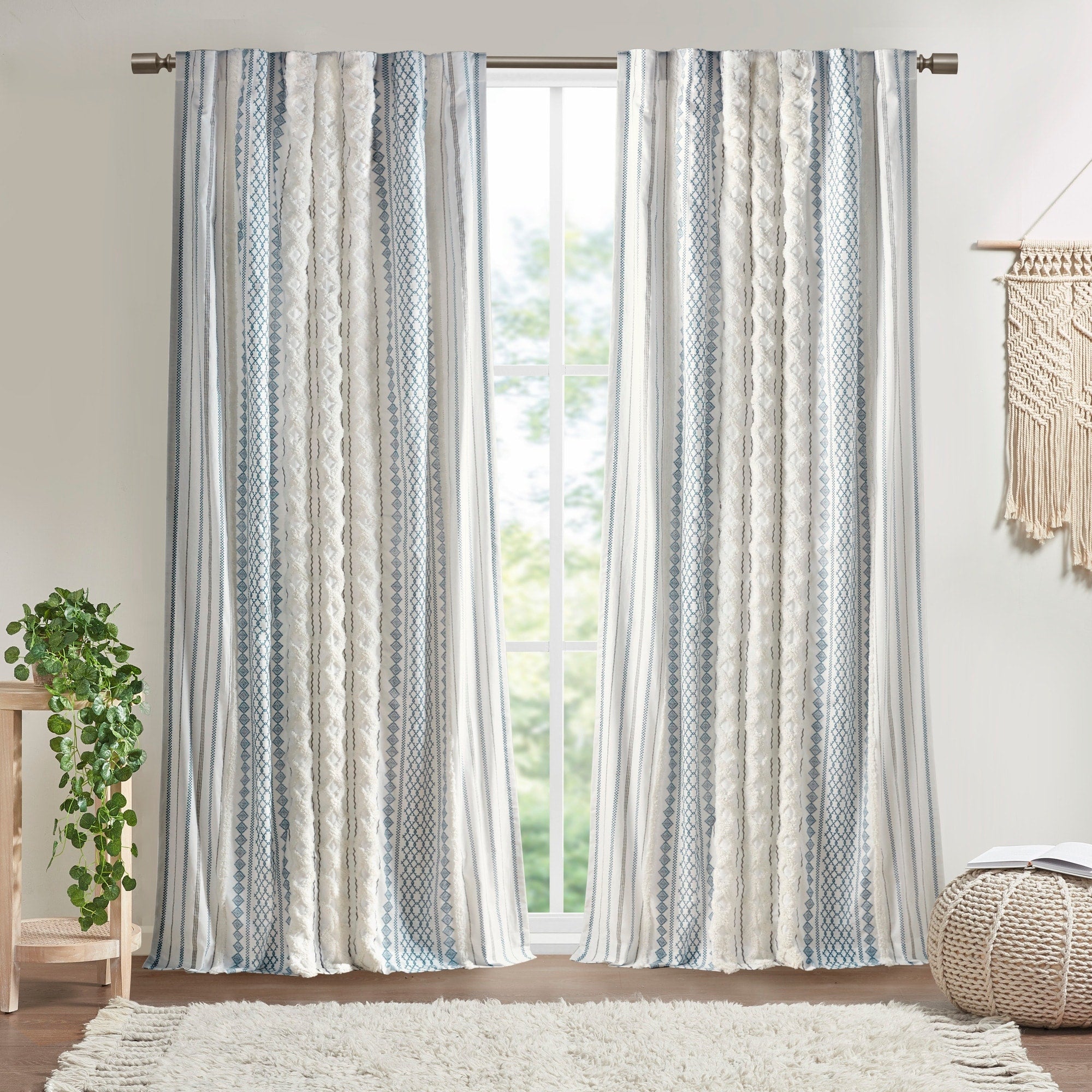 INK+IVY Imani Cotton Printed Curtain Panel with Chenille Stripe and Lining