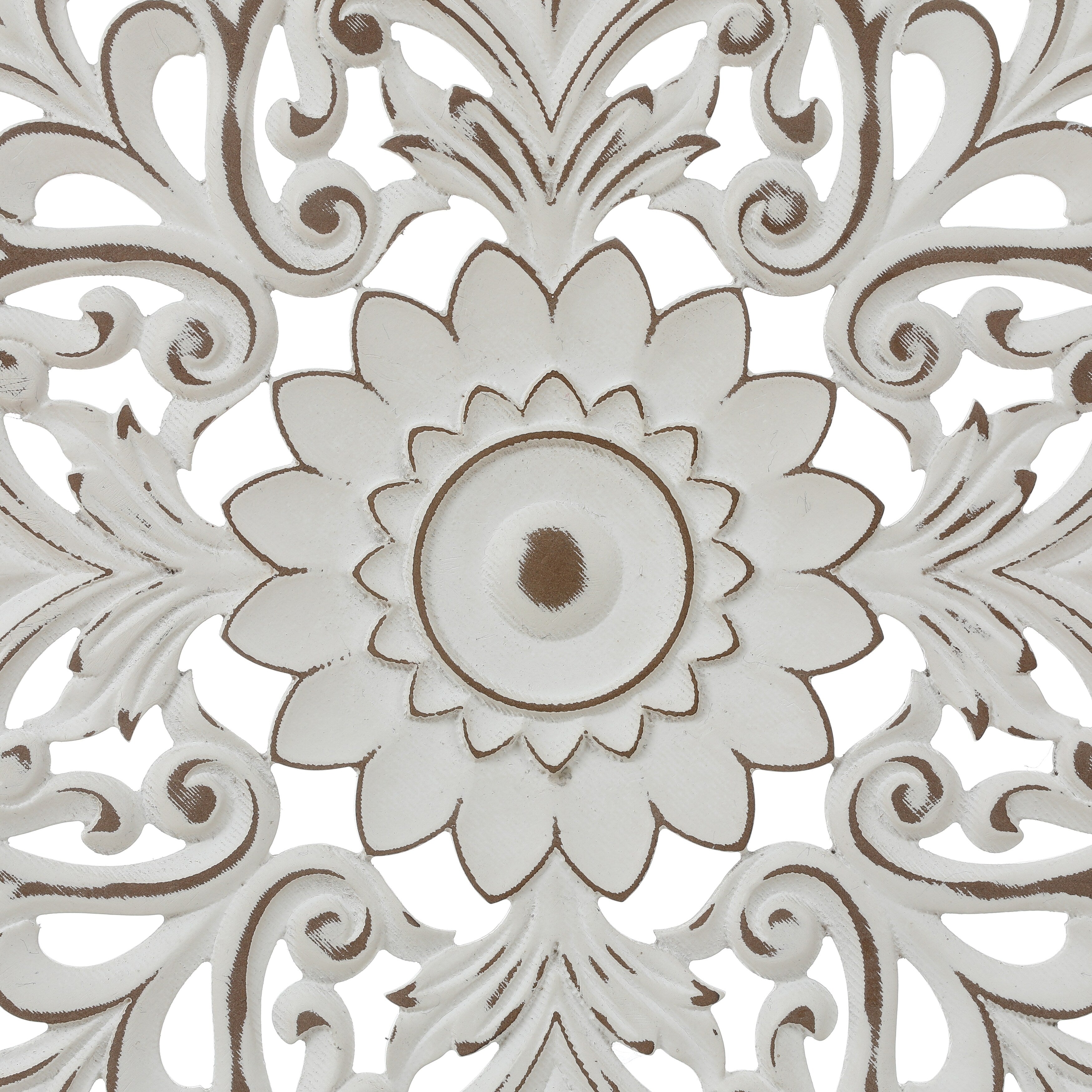 Distressed White Wood Flower Mandala 31.5 Round Wall Decor