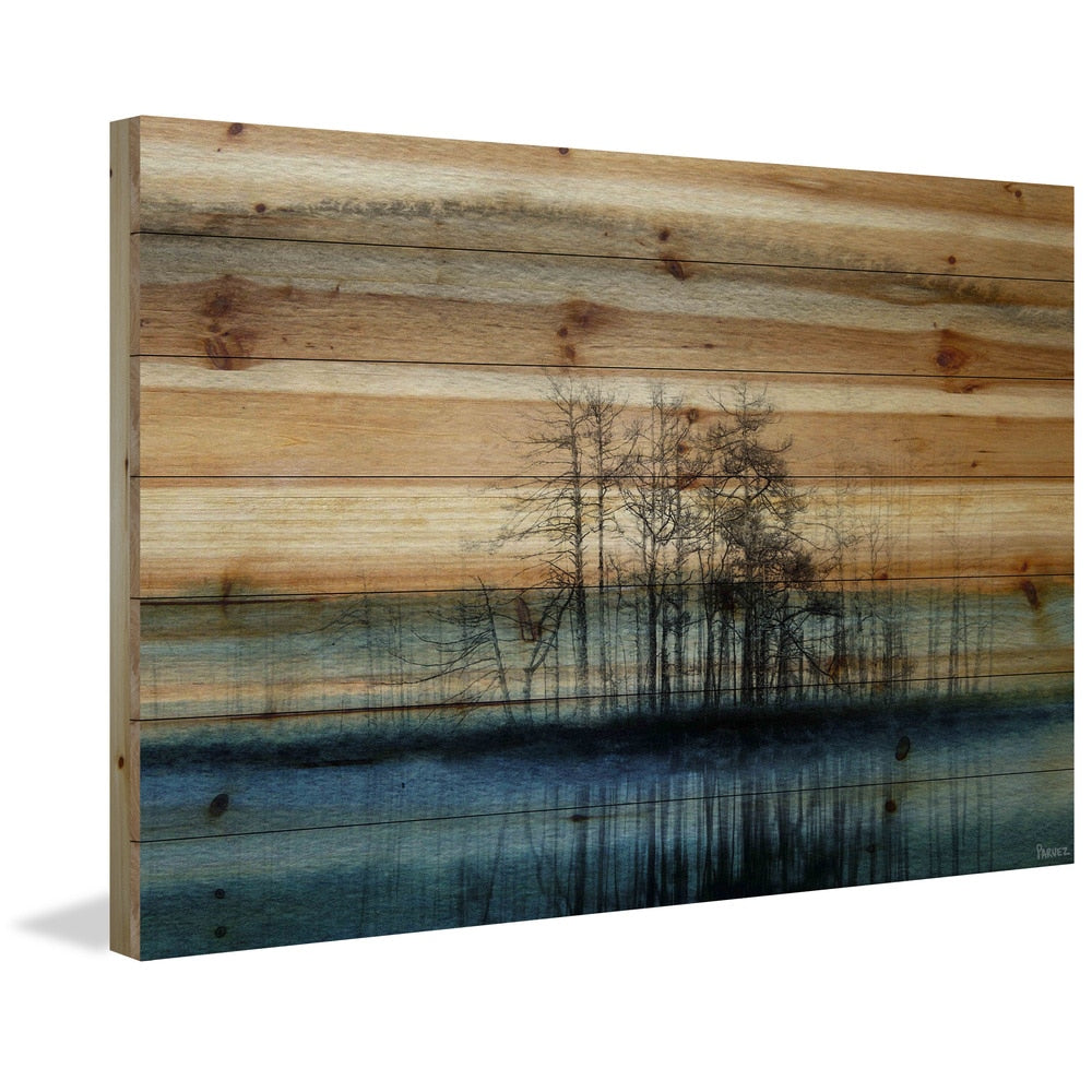 Parvez Taj - 'Tree Isle Reflects' Painting Print on Natural Pine Wood - Multi-Color