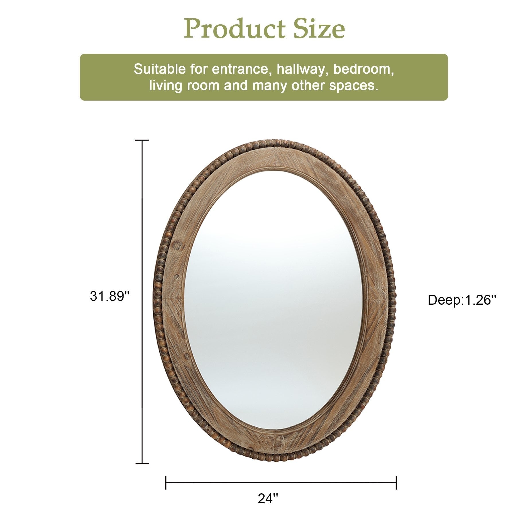 Cameo Wood Framed 32-Inch Oval Wall Mirror, Bathroom Wall Mirror - 31.89 H x 24 W x 1.26 D