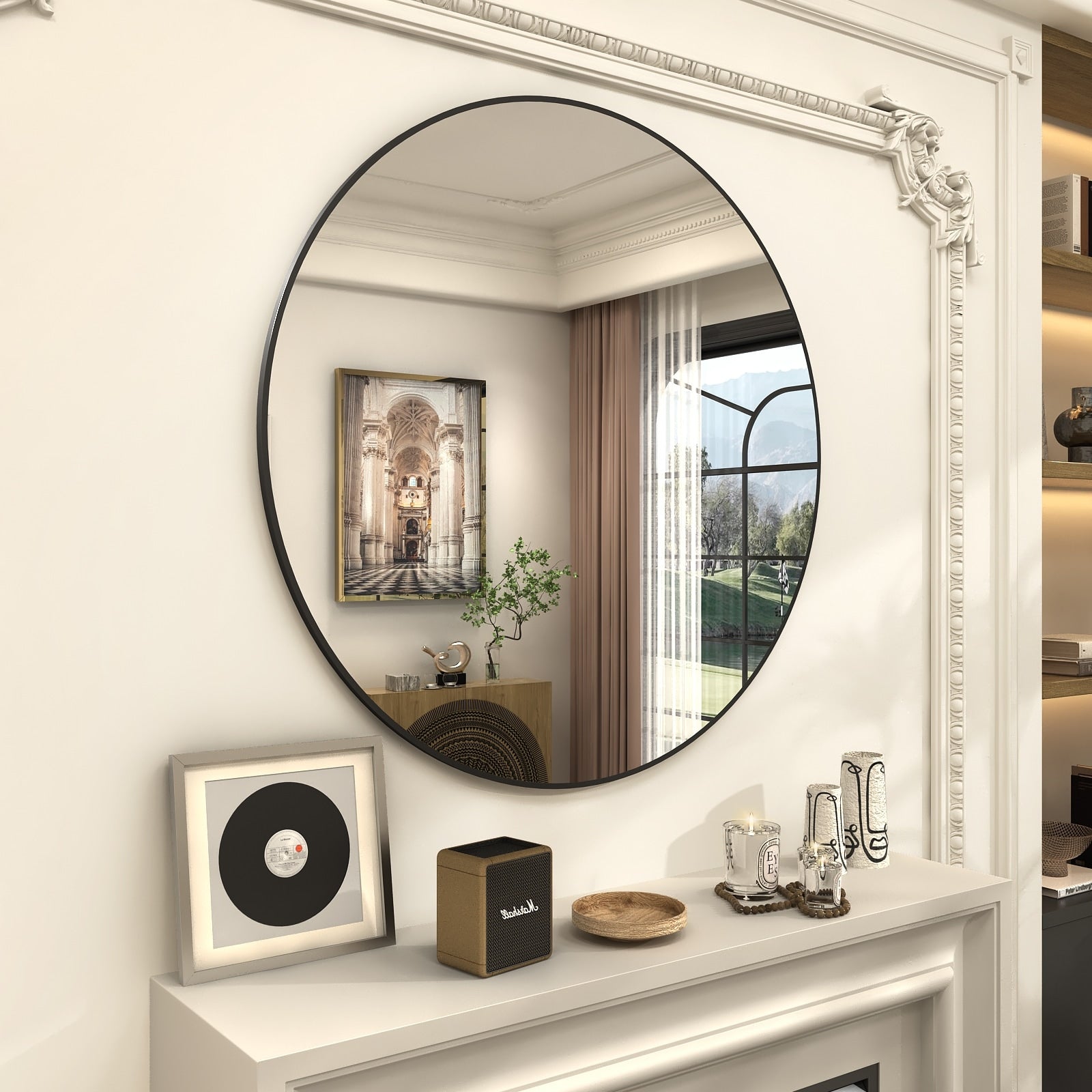 Full Size Round Bathroom Vanity Wall Mirror with Metal Frame