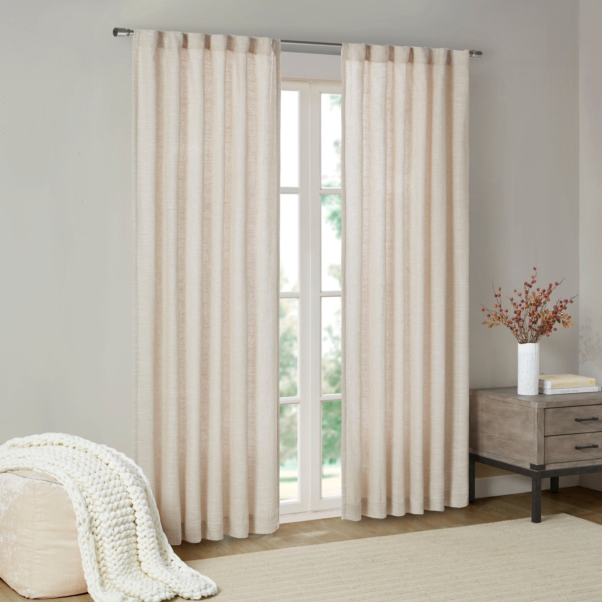 Madison Park Barnet Faux Linen Rod Pocket and Back Tab Fleece Lined Curtain Panel