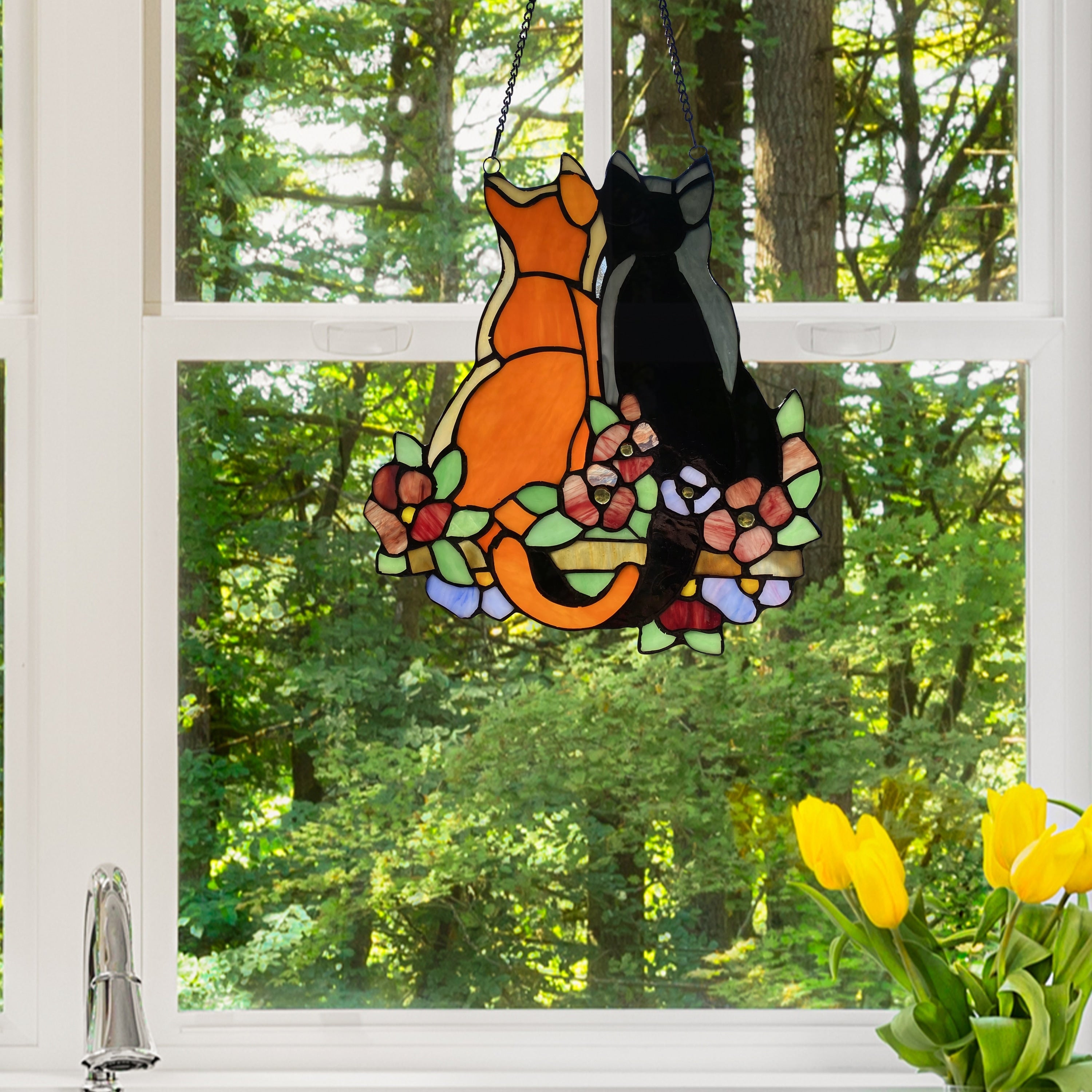 River of Goods 'Cats in the Garden' Multicolor Hand-cut Stained Glass Cabochon-accented 12.5-inch High Window Panel