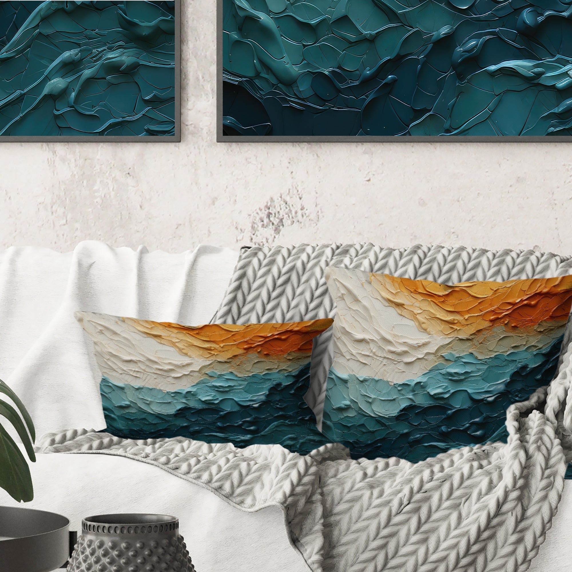 Designart Teal Orange Ocean Coastal Essence Collage Modern Printed Throw Pillow