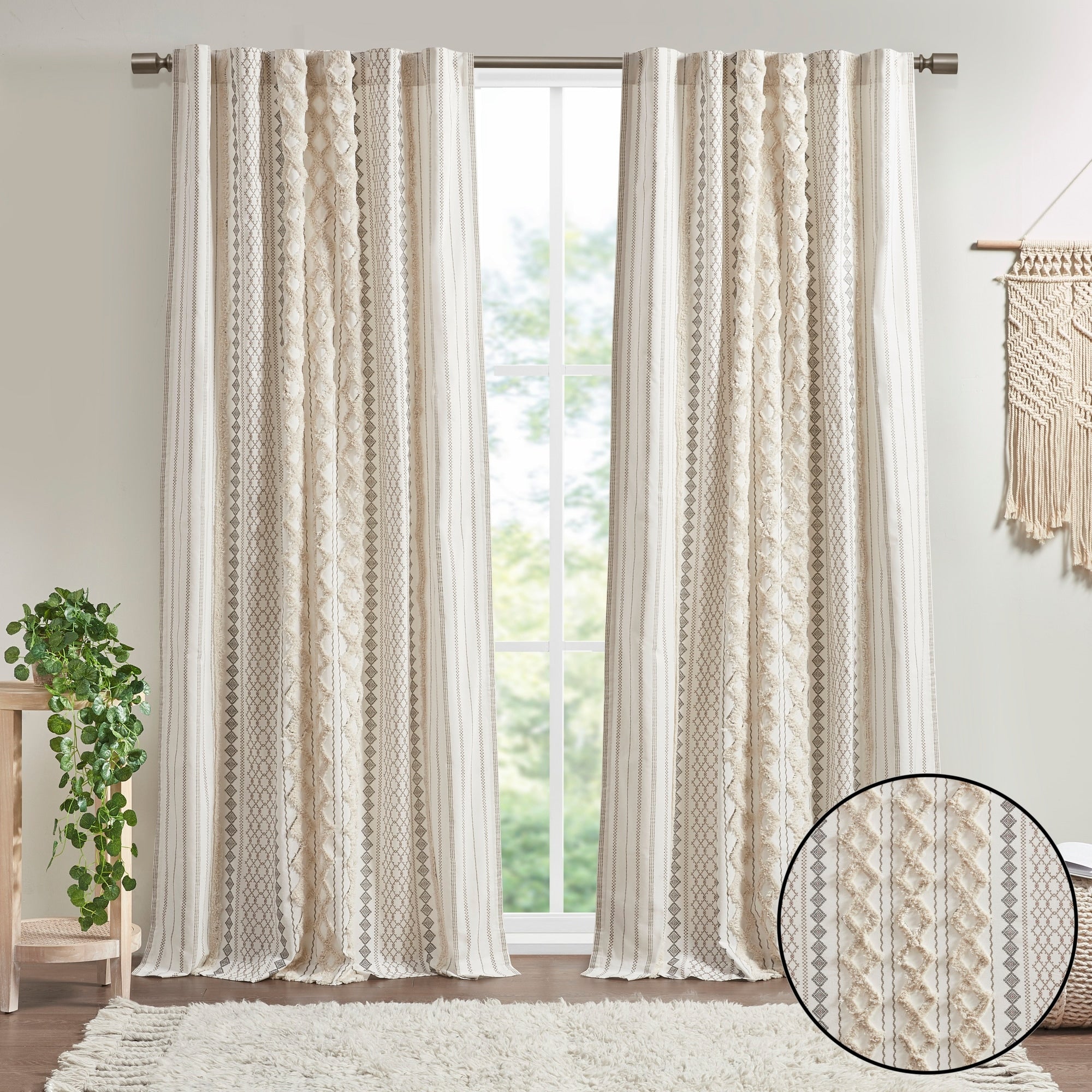 INK+IVY Imani Cotton Printed Curtain Panel with Chenille Stripe and Lining