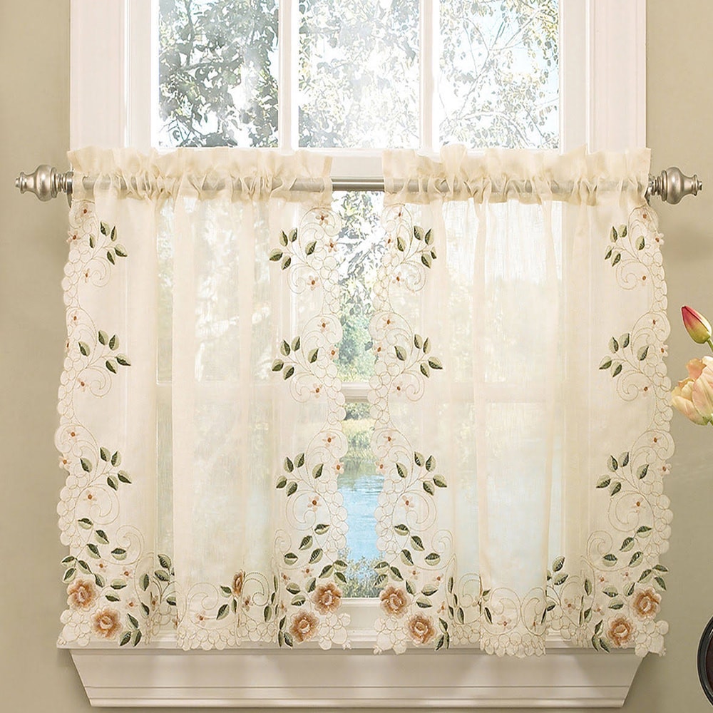 Old World Floral Embroidered Sheer Kitchen Curtain Parts- Tiers, Swags and Valances