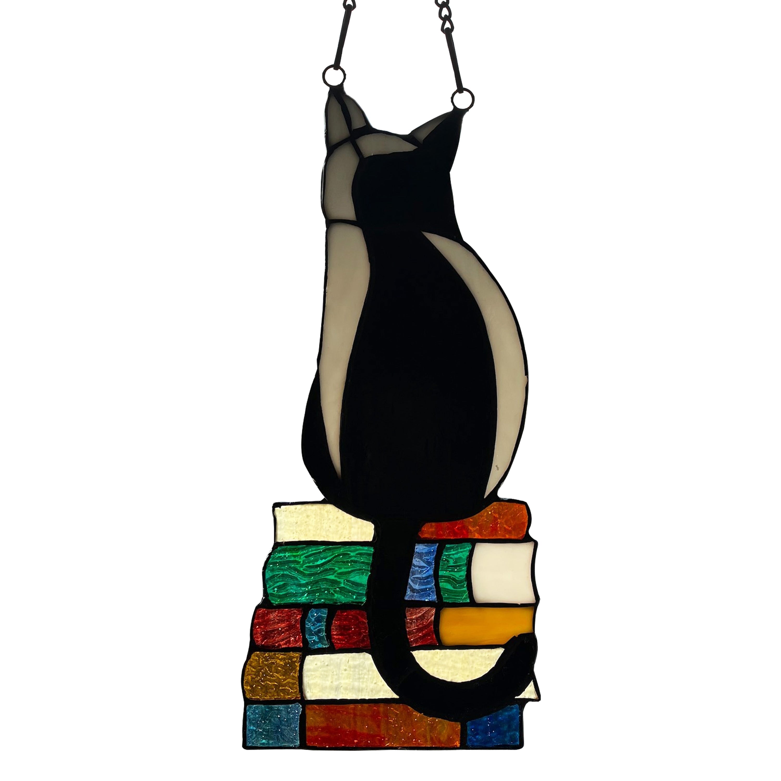 River of Goods Cat on Books River of Goods Stained Glass Vertical Window Panel - 6 x 0.25 x 12.5