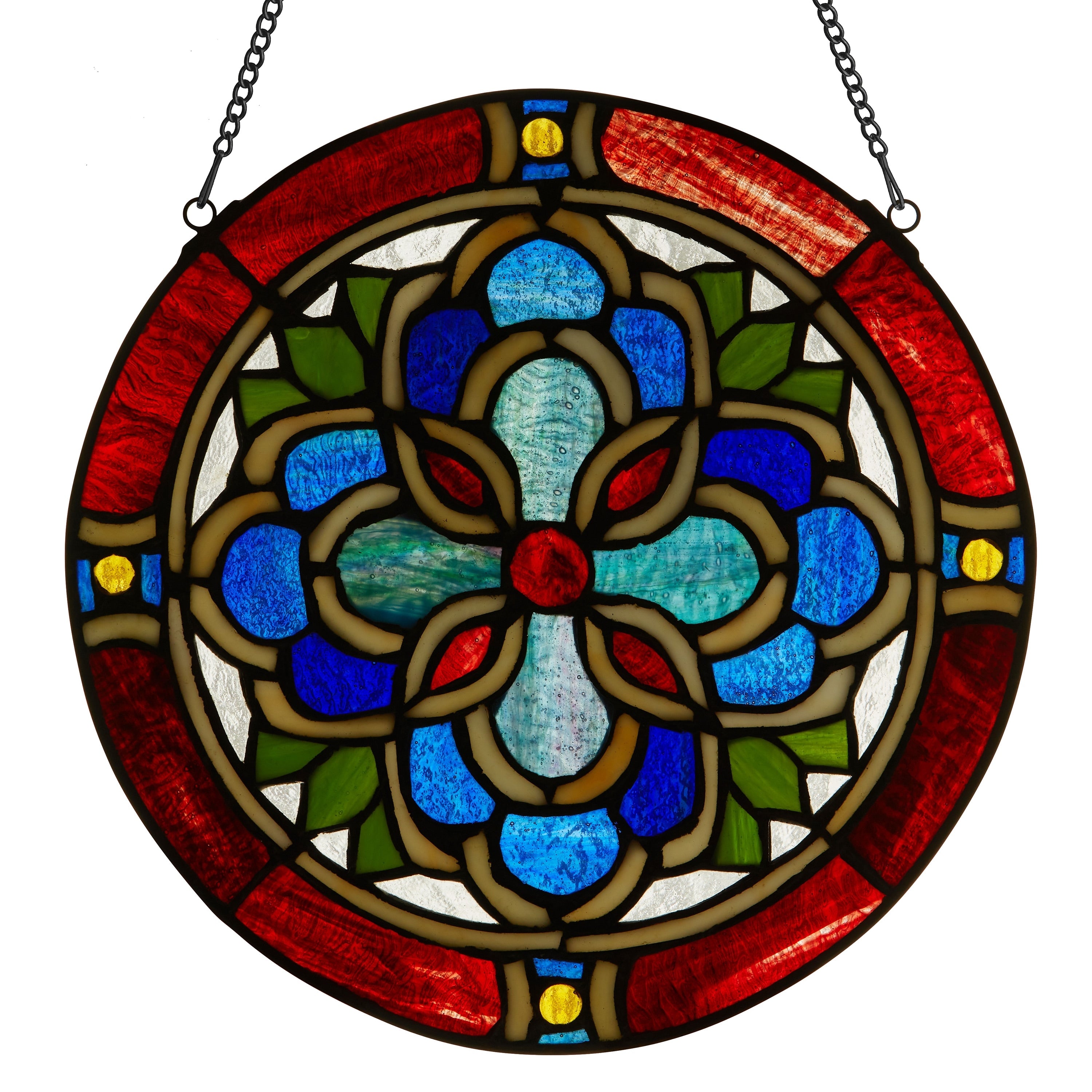 Geometric River of Goods Blue and Red Tiffany-Style Stained Glass Round Window Panel - 12 x 0.25 x 12