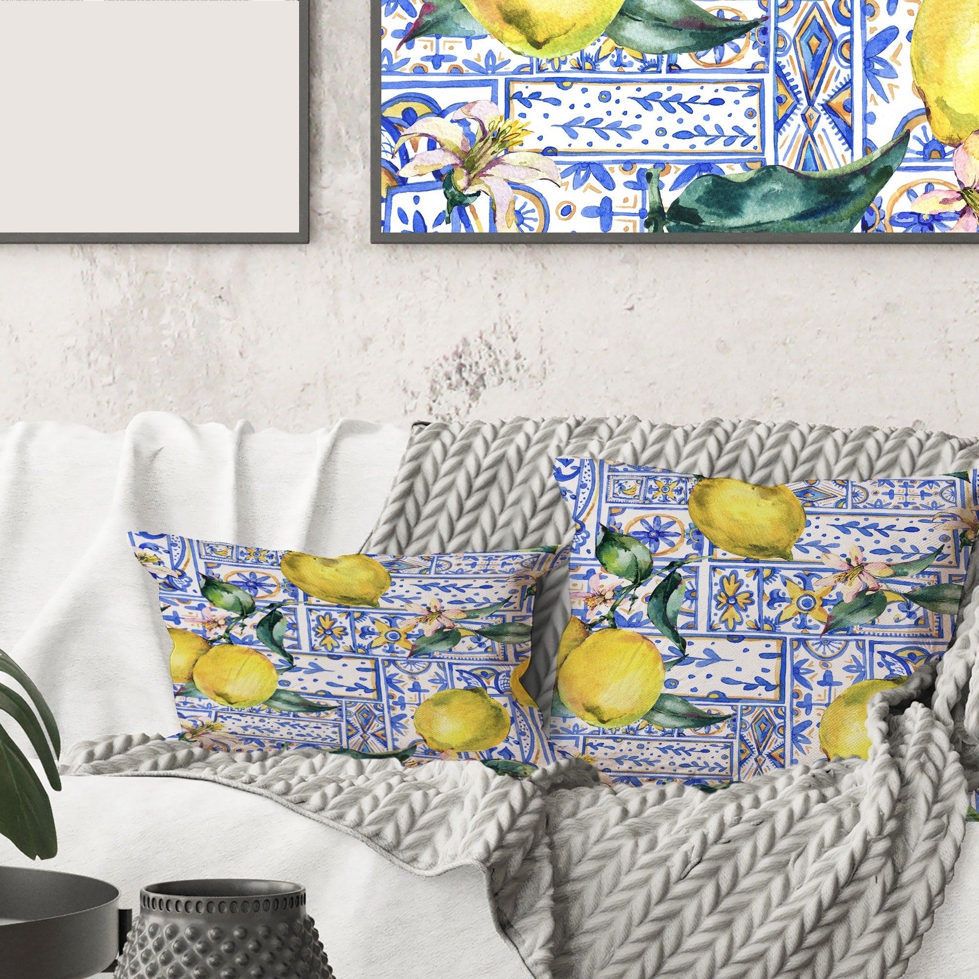 Designart 'Lemon Ornament On Blue Geometrical Pattern I' Tropical Printed Throw Pillow