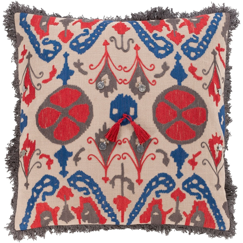 Wallie Embroidered Tribal Red and Blue Throw Pillow