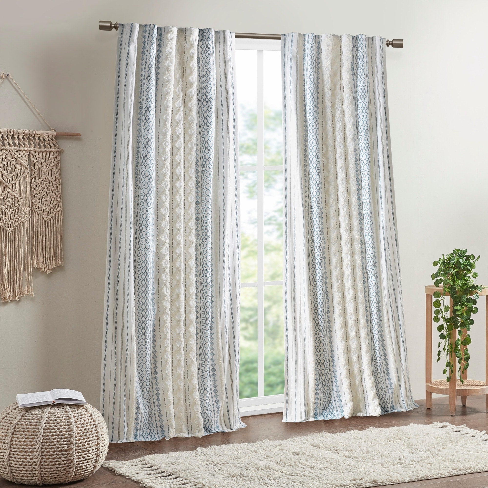 INK+IVY Imani Cotton Printed Curtain Panel with Chenille Stripe and Lining