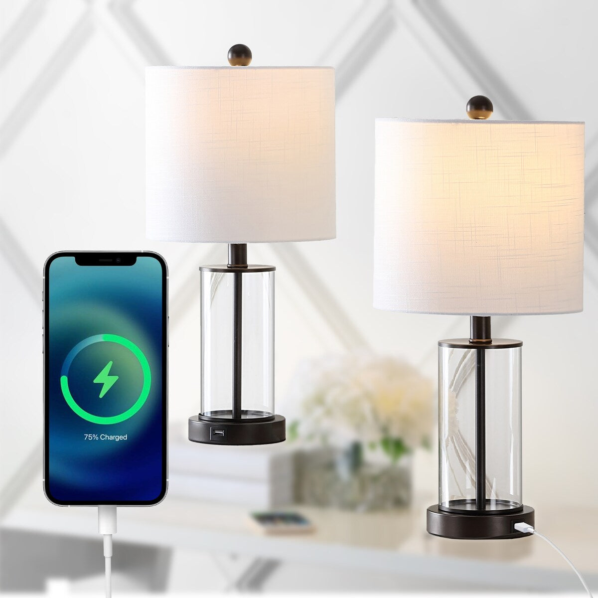 Cabell 21 Glass Modern Contemporary USB Charging LED Table Lamp, Oil Rubbed Bronze (Set of 2) by JONATHAN Y