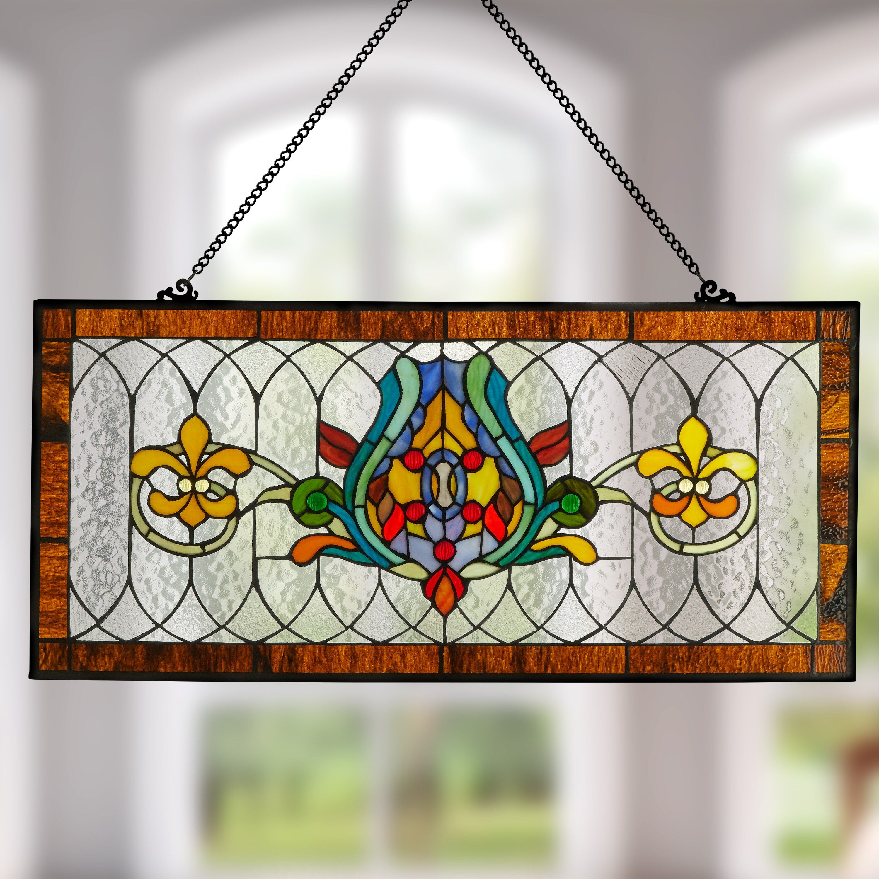 River of Goods Fleur De Lis Stained Glass Pub Window Panel - 30L x 0.25W x 14H