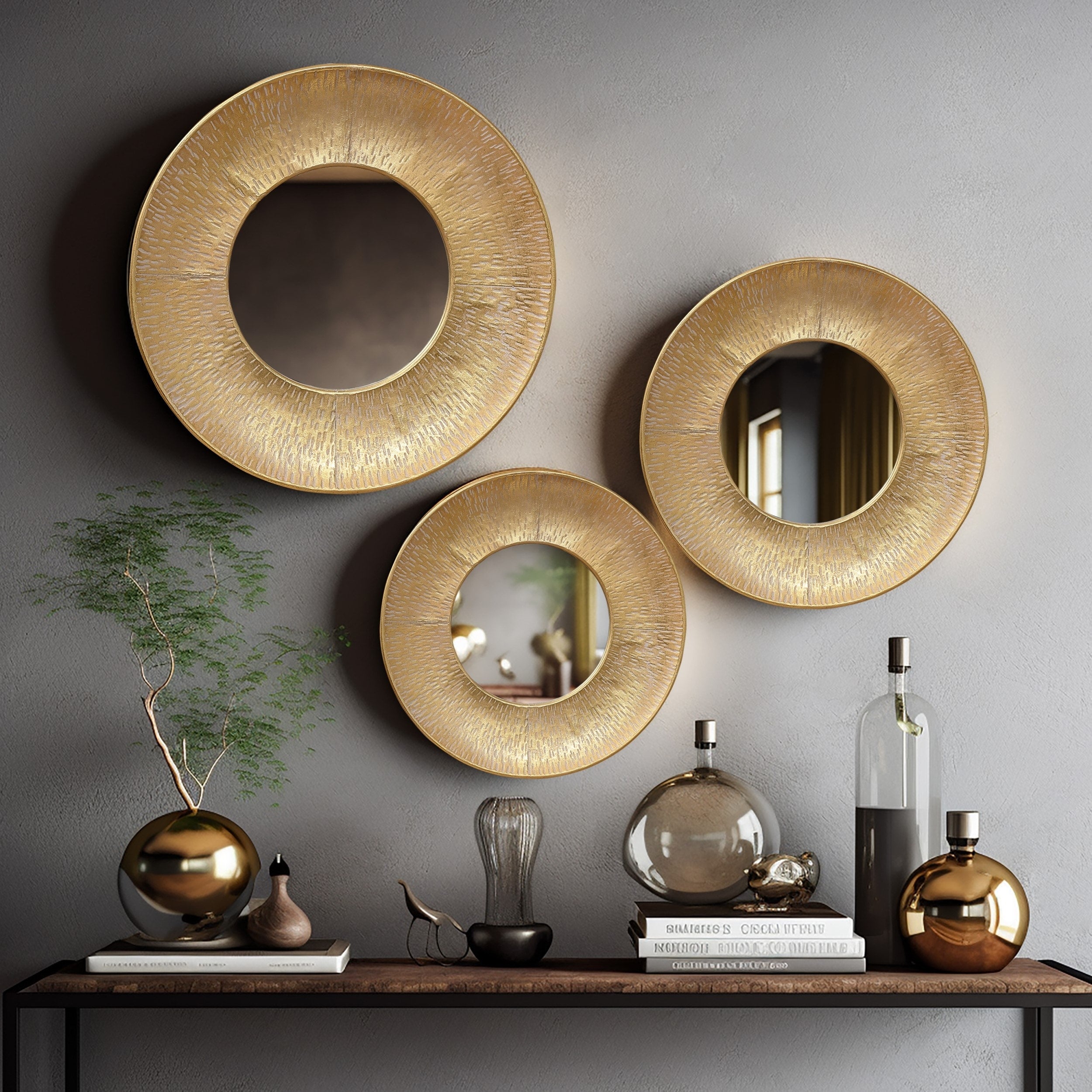 3-Piece Gold Metal Round Wall Mirror Set - 22.25 Diameter x 2.36 D