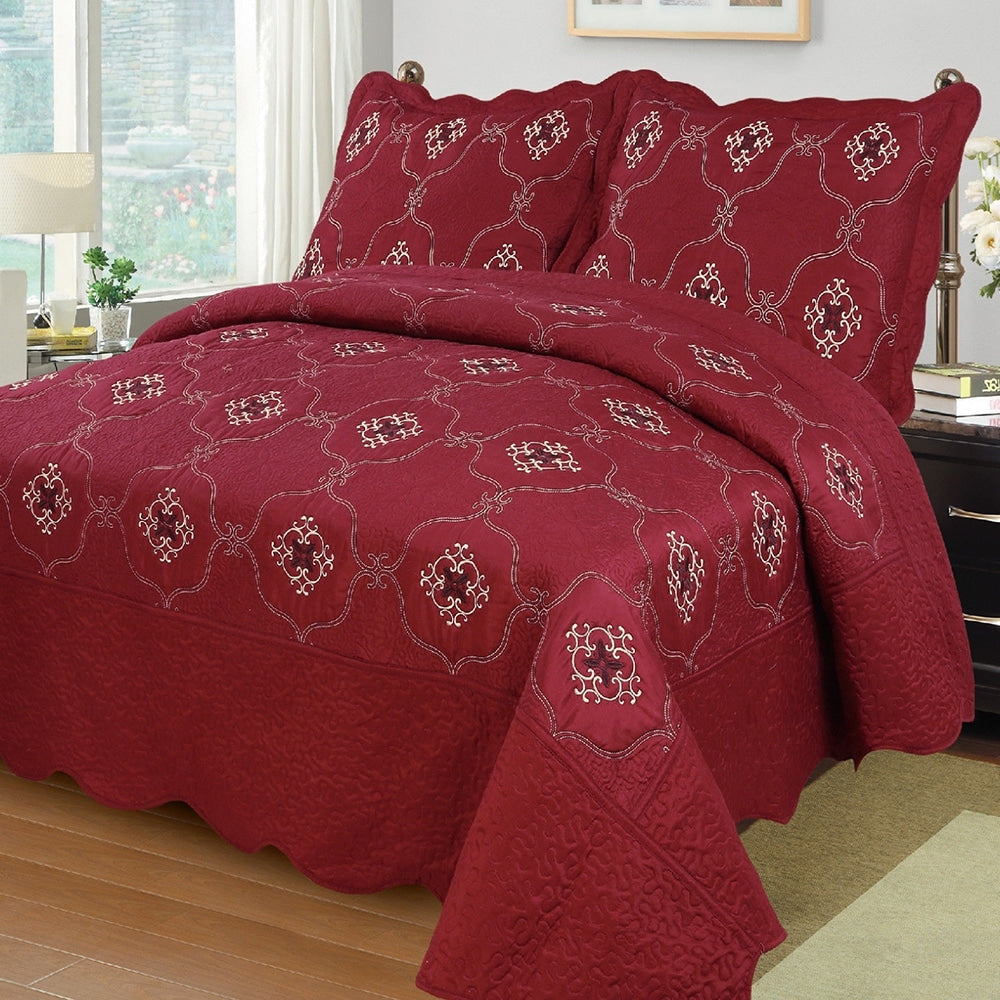 3Pcs Embroidery Quilts Bedspreads Set Coverlet Oversized King Burgundy