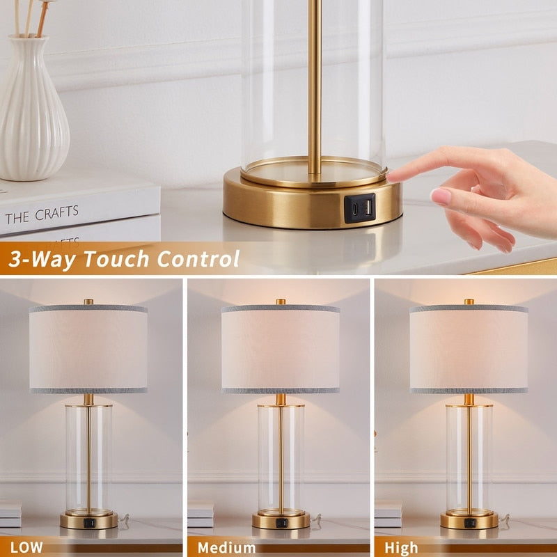 KAWOTI 23.25 Touch Control Table Lamp Set with USB Port and Bulbs