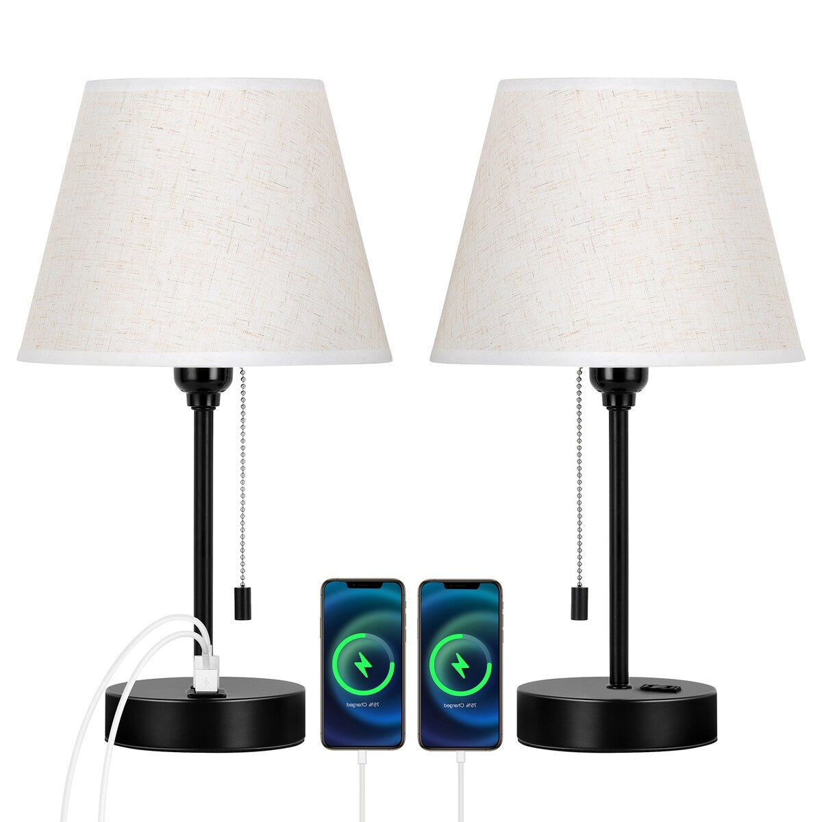 Bedside Table Lamp Set of 2 with USB Ports - 2PCS