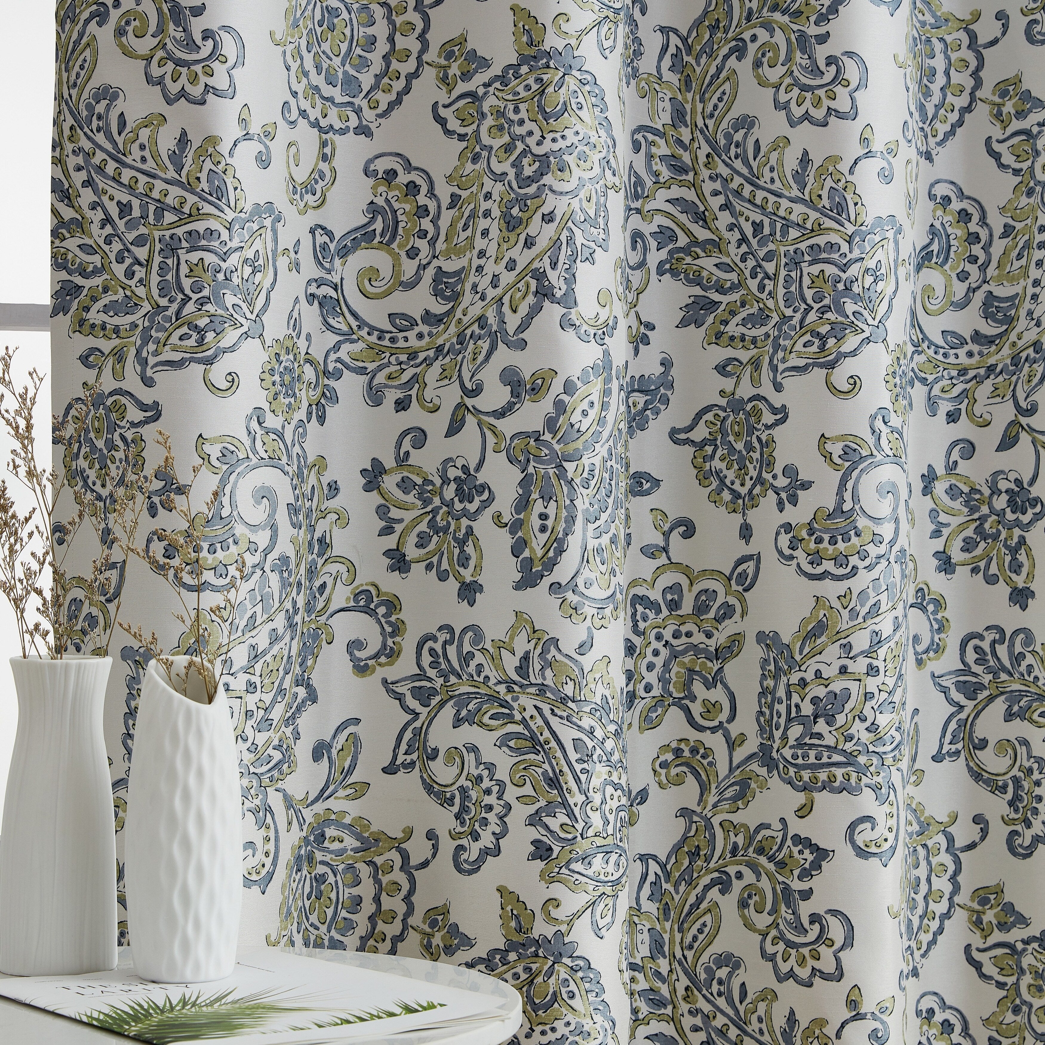 HLC.me Amalfi Paisley Faux Silk 100% Blackout Room Darkening Thermal Energy Efficient Curtain Grommet Panels, 2 Panels