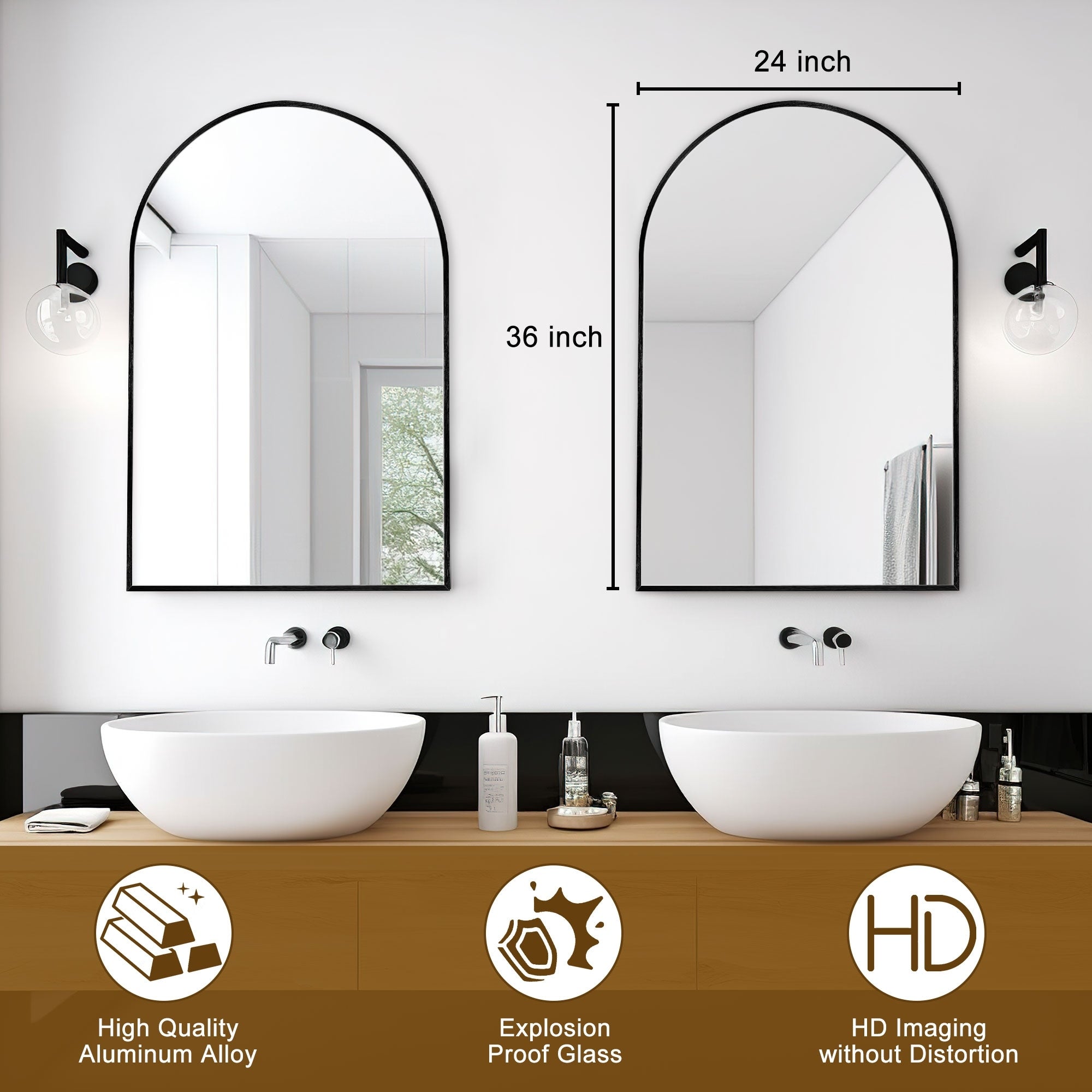 2 Pack Bathroom Arch Aluminum Wall Mirror Vanity Mirrors