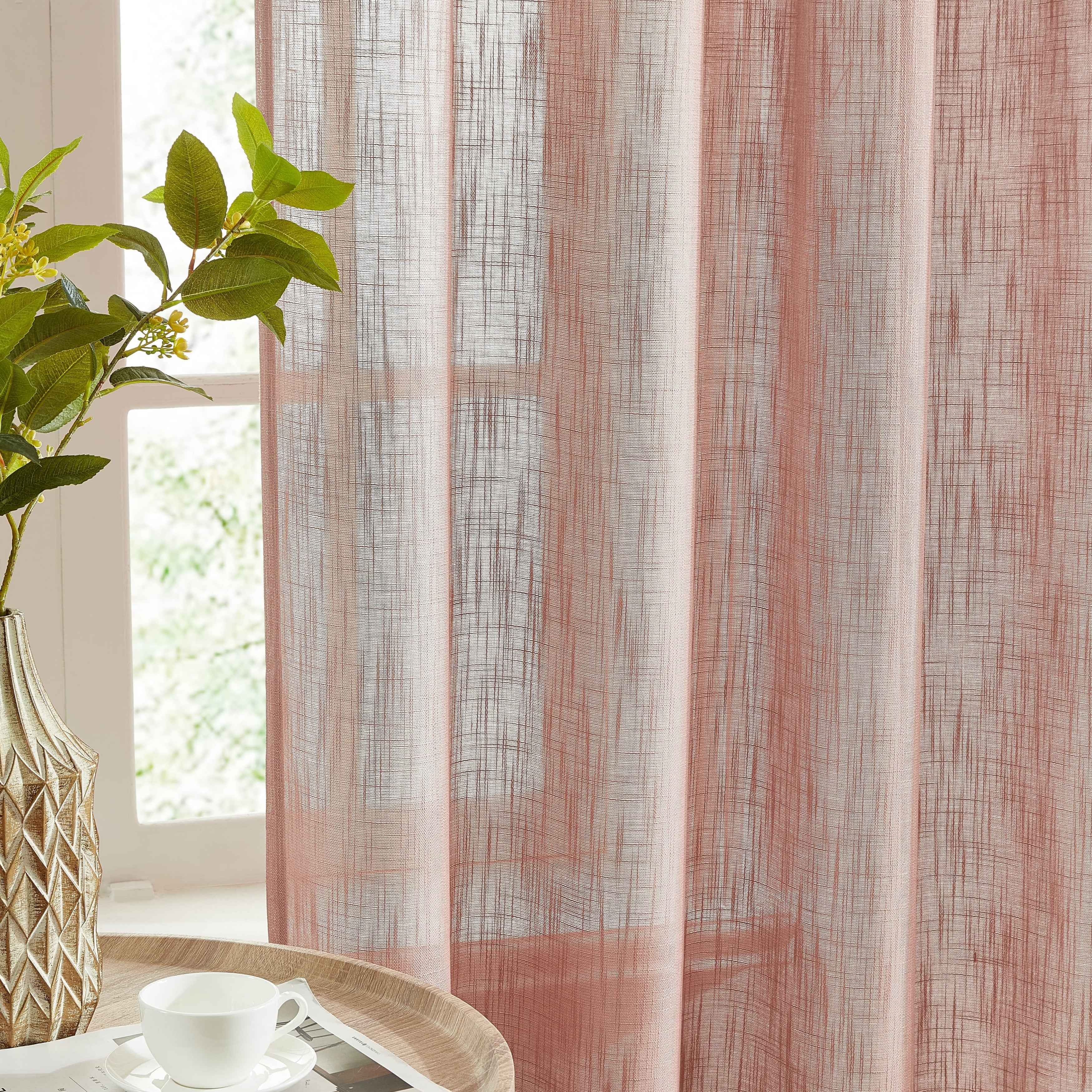 HLC.me Linda Faux Linen Textured Semi Sheer Privacy Sun Light Filtering Window Rod Pocket Curtains Panels, 2 Panel