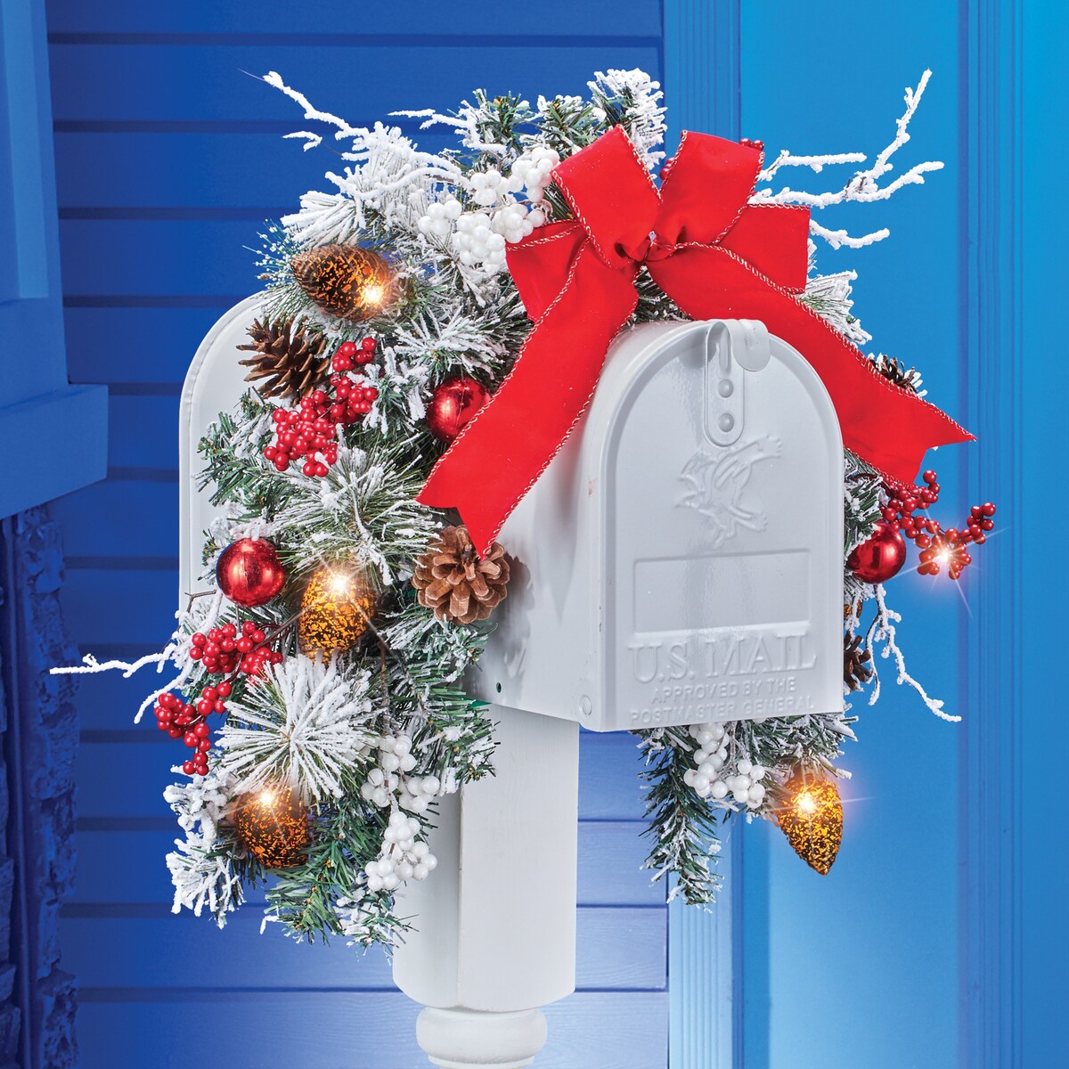 Frosted Pine Holiday Mailbox Swag with Solar LED Lights - 15.500 x 6.250 x 6.250