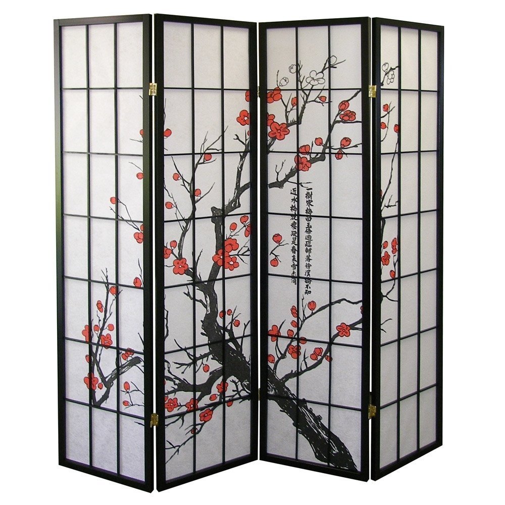 Roundhill Furniture Japanese 4-Panel Screen Room Divider, Plum Blossom