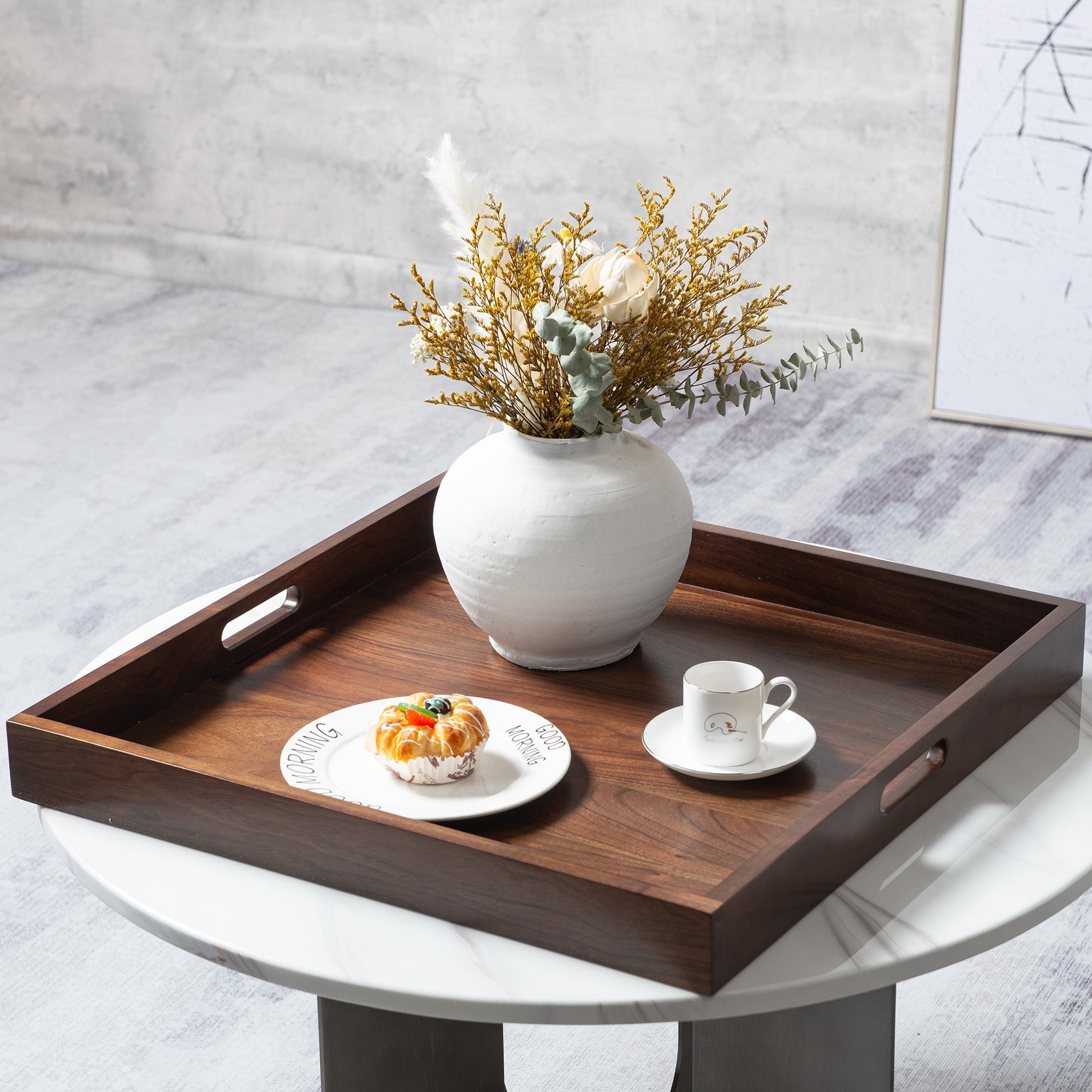 Square Black Walnut Wood Serving Tray Ottoman Tray with Handles