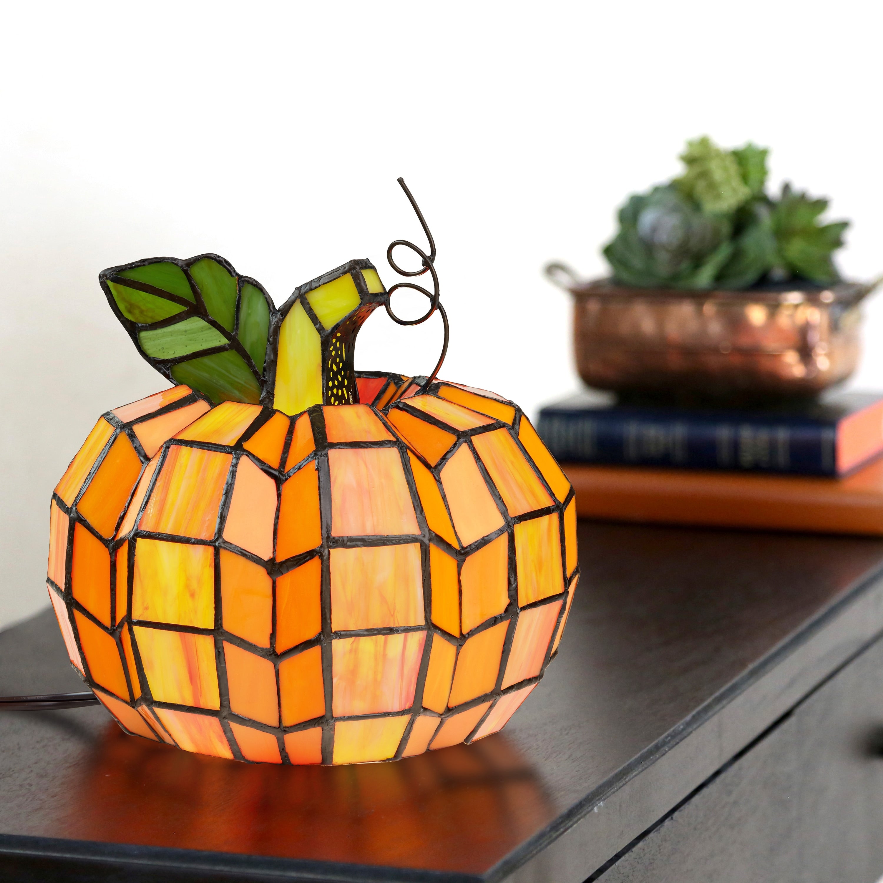 9 H Patch the Pumpkin Stained Glass Accent Lamp - 8.25L x 8.25W x 9H